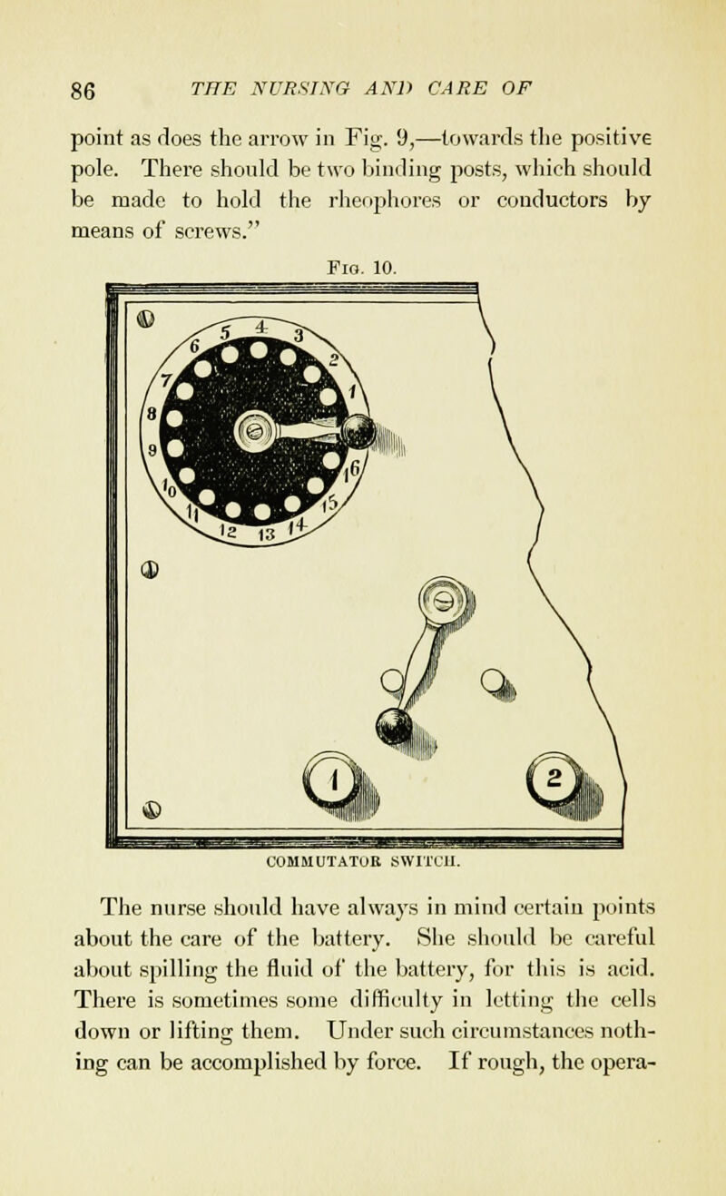 point as does the arrow in Fig. 9,—towards the positive pole. There should be two binding posts, which should be made to hold the rheophores or conductors by means of screws. Fio. 10. COMMUTATOR SWITCH. The nurse should have always in mind certain points about the care of the battery. She should be careful about spilling the fluid of the battery, for this is acid. There is sometimes some difficulty in letting the cells down or lifting them. Under such circumstances noth- ing can be accomplished by force. If rough, the opera-