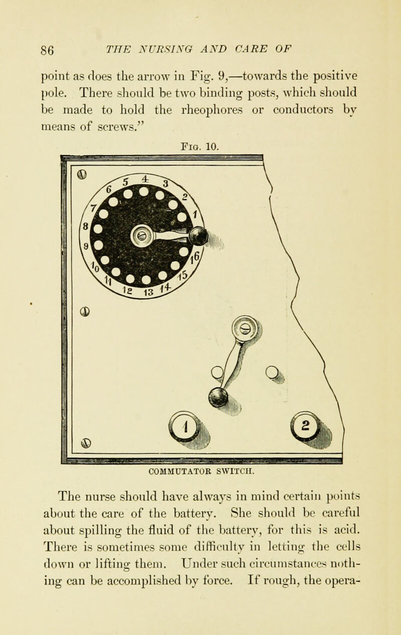 point as does the arrow in Fig. 9,—towards the positive pole. There should be two binding posts, which should be made to hold the rheophores or conductors by means of screws. Fig. 10. COMMUTATOR SWITCH. The nurse should have always in mind certain points about the care of the battery. She should be careful about spilling the fluid of the battery, for this is acid. There is sometimes some difficulty in letting the cells down or lifting them. Under such circumstances noth- ing can be accomplished by force. If rough, the opera-