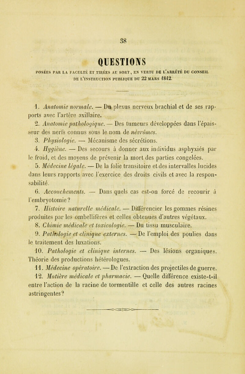QUESTIONS POSÉES PAR LA FACULTÉ ET TIRÉES AU SORT, EN VERTU DE h ARRETE DU CONSEIL DE L'INSTRUCTION PUBLIQUE DU 22 MARS 1842. 1. Anatomie normale. — Du plexus nerveux brachial et de ses rap- ports avec l'artère axillaire. 2. Anatomie pathologique. — Des tumeurs développées dans l'épais- seur des nerfs connus sous le nom de névrômes. 3. Physiologie. — Mécanisme des sécrétions. 4. Hygiène. — Des secours à donner aux individus asphyxiés par le froid, et des moyens de prévenir la mort des parties congelées. 5. Médecine légale. — De la folie transitoire et des intervalles lucides dans leurs rapports avec l'exercice des droits civils et avec la respon- sabilité 6. Accouchements. — Dans quels cas est-on forcé de recourir à l'embryotomie? 7. Histoire naturelle médicale. — Différencier les gommes résines produites parles ombellifères et celles obtenues d'autres végétaux. 8. Chimie médicale et toxicologie. — Du tissu musculaire. 9. Patlrologie et clinique externes. — De l'emploi des poulies dans le traitement des luxations. 10. Pathologie et clinique internes. — Des lésions organiques. Théorie des productions hélérologues. 11. Médecine opératoire. — De l'extraction des projectiles de guerre. 12. Matière médicale et pharmacie. — Quelle différence existe-t-il entre l'action de la racine de tormentille et celle des autres racines astringentes?