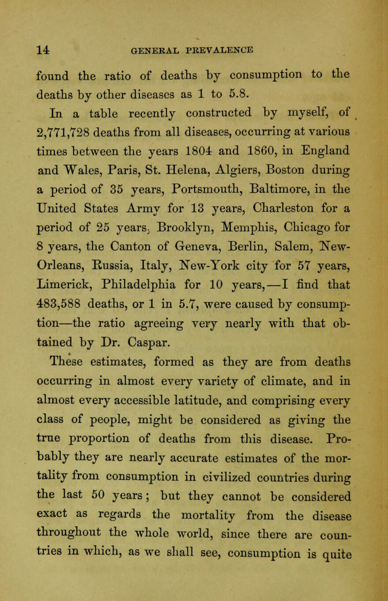 found the ratio of deaths by consumption to the deaths by other diseases as 1 to 5.8. In a table recently constructed by myself, of 2,771,728 deaths from all diseases, occurring at various times between the years 1801 and 1860, in England and Wales, Paris, St. Helena, Algiers, Boston during a period of 35 years, Portsmouth, Baltimore, in the United States Army for 13 years, Charleston for a period of 25 years, Brooklyn, Memphis, Chicago for 8 years, the Canton of Geneva, Berlin, Salem, New- Orleans, Russia, Italy, New-York city for 57 years, Limerick, Philadelphia for 10 years,—I find that 483,588 deaths, or 1 in 5.7, were caused by consump- tion—the ratio agreeing very nearly with that ob- tained by Dr. Caspar. These estimates, formed as they are from deaths occurring in almost every variety of climate, and in almost every accessible latitude, and comprising every class of people, might be considered as giving the true proportion of deaths from this disease. Pro- bably they are nearly accurate estimates of the mor- tality from consumption in civilized countries during the last 50 years; but they cannot be considered exact as regards the mortality from the disease throughout the whole world, since there are coun- tries in which, as we shall see, consumption is quite