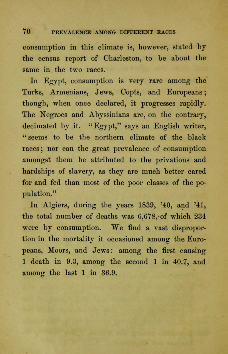 consumption in this climate is, however, stated by the census report of Charleston, to be about the same in the two races. In Egypt, consumption is very rare among the Turks, Armenians, Jews, Copts, and Europeans; though, when once declared, it progresses rapidly. The Negroes and Abyssinians are, on the contrary, decimated by it. Egypt, says an English writer,  seems to be the northern climate of the black races; nor can the great prevalence of consumption amongst them be attributed to the privations and hardships of slavery, as they are much better cared for and fed than most of the poor classes of the po- pulation. In Algiers, during the years 1839, '40, and '41, the total number of deaths was 6,678,-of which 234 were by consumption. We find a vast dispropor- tion in the mortality it occasioned among the Euro- peans, Moors, and Jews: among the first causing 1 death in 9.3, among the second 1 in 40.7, and among the last 1 in 36.9.