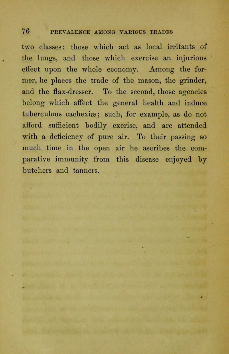 two classes: those which act as local irritants of the lungs, and those which exercise an injurious effect upon the whole economy. Among the for- mer, he places the trade of the mason, the grinder, and the flax-dresser. To the second, those agencies belong which affect the general health and induce tuberculous caehexise; such, for example, as do not afford sufficient bodily exerise, and are attended with a deficiency of pure air. To their passing so much time in the open air he ascribes the com- parative immunity from this disease enjoyed by butchers and tanners.