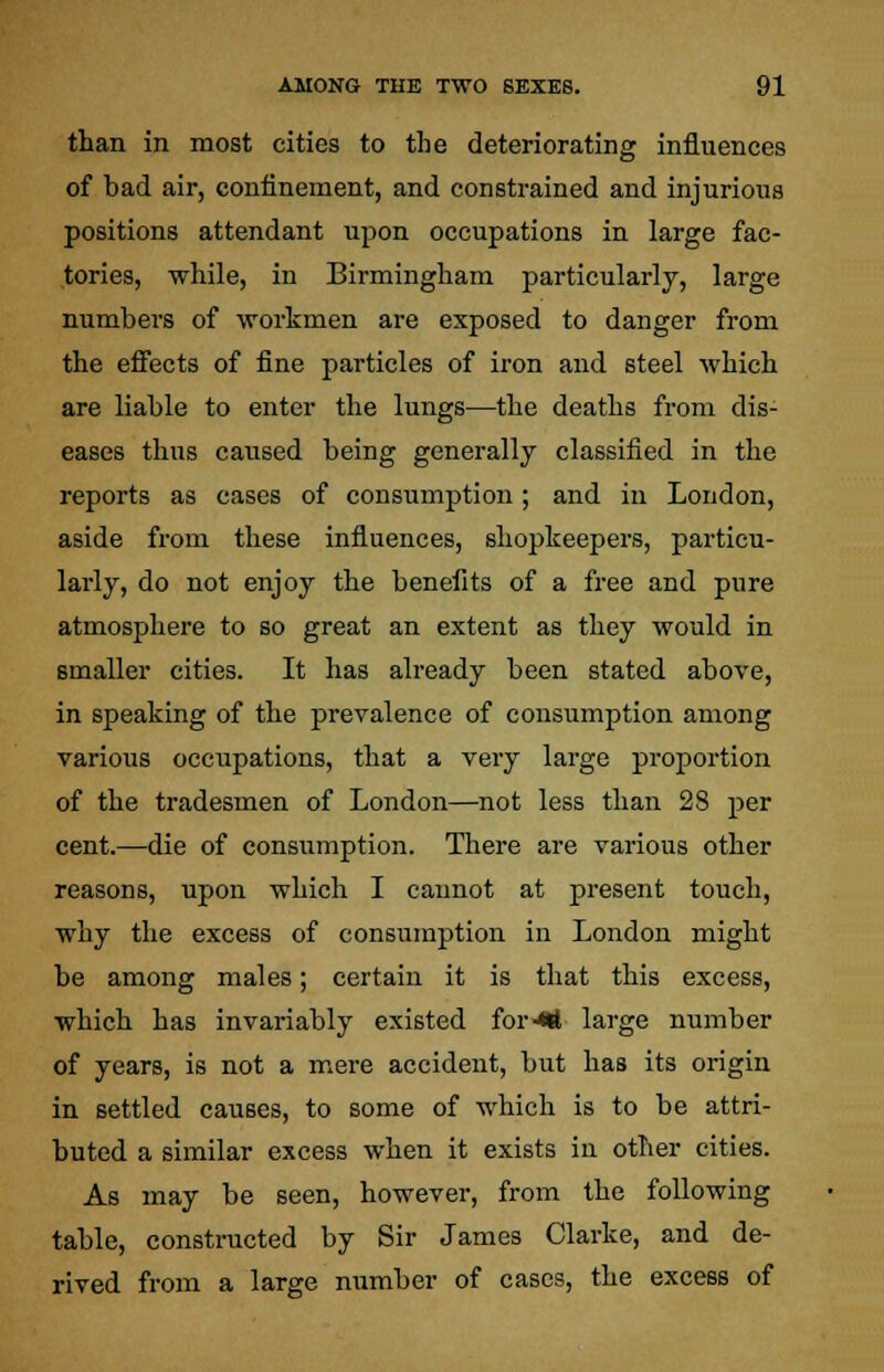 than in most cities to the deteriorating influences of bad air, confinement, and constrained and injurious positions attendant upon occupations in large fac- tories, while, in Birmingham particularly, large numbers of workmen are exposed to danger from the effects of fine particles of iron and steel which are liable to enter the lungs—the deaths from dis- eases thus caused being generally classified in the reports as cases of consumption; and in London, aside from these influences, shopkeepers, particu- larly, do not enjoy the benefits of a free and pure atmosphere to so great an extent as they would in smaller cities. It has already been stated above, in speaking of the prevalence of consumption among various occupations, that a very large proportion of the tradesmen of London—not less than 28 per cent.—die of consumption. There are various other reasons, upon which I cannot at present touch, why the excess of consumption in London might be among males; certain it is that this excess, which has invariably existed for-«tt large number of years, is not a mere accident, but has its origin in settled causes, to some of which is to be attri- buted a similar excess when it exists in other cities. As may be seen, however, from the following table, constructed by Sir James Clarke, and de- rived from a large number of cases, the excess of