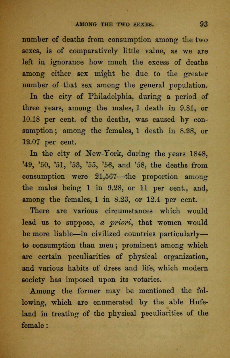 number of deaths from consumption among the two 6exes, is of comparatively little value, as we are left in ignorance how much the excess of deaths among either Bex might be due to the greater number of that sex among the general population. In the city of Philadelphia, during a period of three years, among the males, 1 death in 9.81, or 10.18 per cent, of the deaths, was caused by con- sumption ; among the females, 1 death in 8.28, or 12.07 per cent. In the city of New-York, during the years 1848, '49, '50, '51, '53, '55, '56, and '58, the deaths from consumption were 21,567—the proportion among the males being 1 in 9.28, or 11 per cent., and, among the females, 1 in 8.23, or 12.4 per cent. There are various circumstances which would lead us to suppose, a priori, that women would be more liable—in civilized countries particularly— to consumption than men; prominent among which are certain peculiarities of physical organization, and various habits of dress and life, which modern society has imposed upon its votaries. Among the former may be mentioned the fol- lowing, which are enumerated by the able Hufe- land in treating of the physical peculiarities of the female: