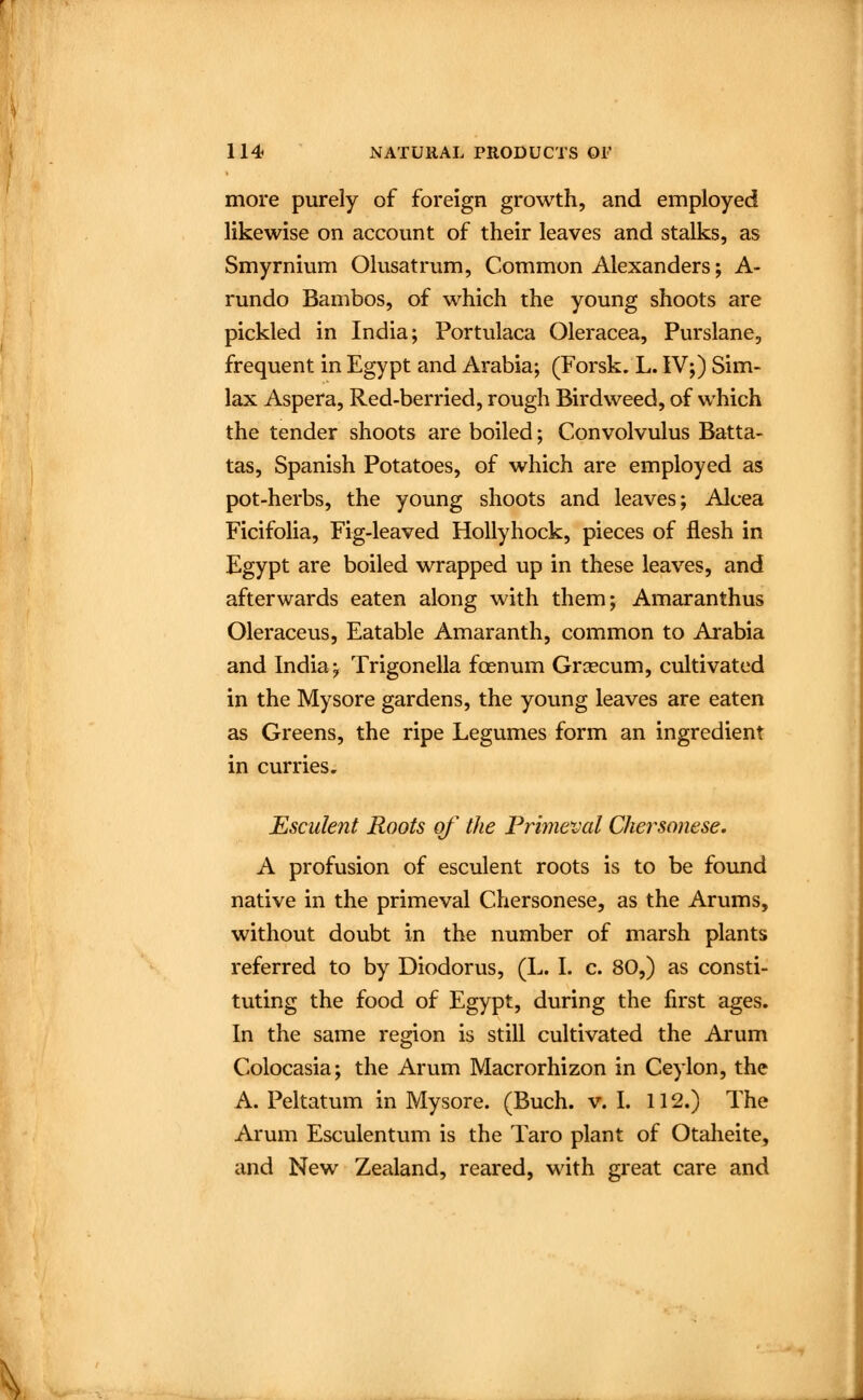 more purely of foreign growth, and employed likewise on account of their leaves and stalks, as Smyrnium Olusatrum, Common Alexanders; A- rundo Bambos, of which the young shoots are pickled in India; Portulaca Oleracea, Purslane, frequent in Egypt and Arabia; (Forsk. L. IV;) Sim- lax Aspera, Red-berried, rough Birdweed, of which the tender shoots are boiled; Convolvulus Batta- tas, Spanish Potatoes, of which are employed as pot-herbs, the young shoots and leaves; Alcea Ficifolia, Fig-leaved Hollyhock, pieces of flesh in Egypt are boiled wrapped up in these leaves, and afterwards eaten along with them; Amaranthus Oleraceus, Eatable Amaranth, common to Arabia and India; Trigonella fcenum Grcecum, cultivated in the Mysore gardens, the young leaves are eaten as Greens, the ripe Legumes form an ingredient in curries. Esculent Roots of the Primeval Chersonese. A profusion of esculent roots is to be found native in the primeval Chersonese, as the Arums, without doubt in the number of marsh plants referred to by Diodorus, (L. I. c. 80,) as consti- tuting the food of Egypt, during the first ages. In the same region is still cultivated the Arum Colocasia; the Arum Macrorhizon in Ceylon, the A. Peltatum in Mysore. (Buch. v. I. 112.) The Arum Esculentum is the Taro plant of Otaheite, and New Zealand, reared, with great care and