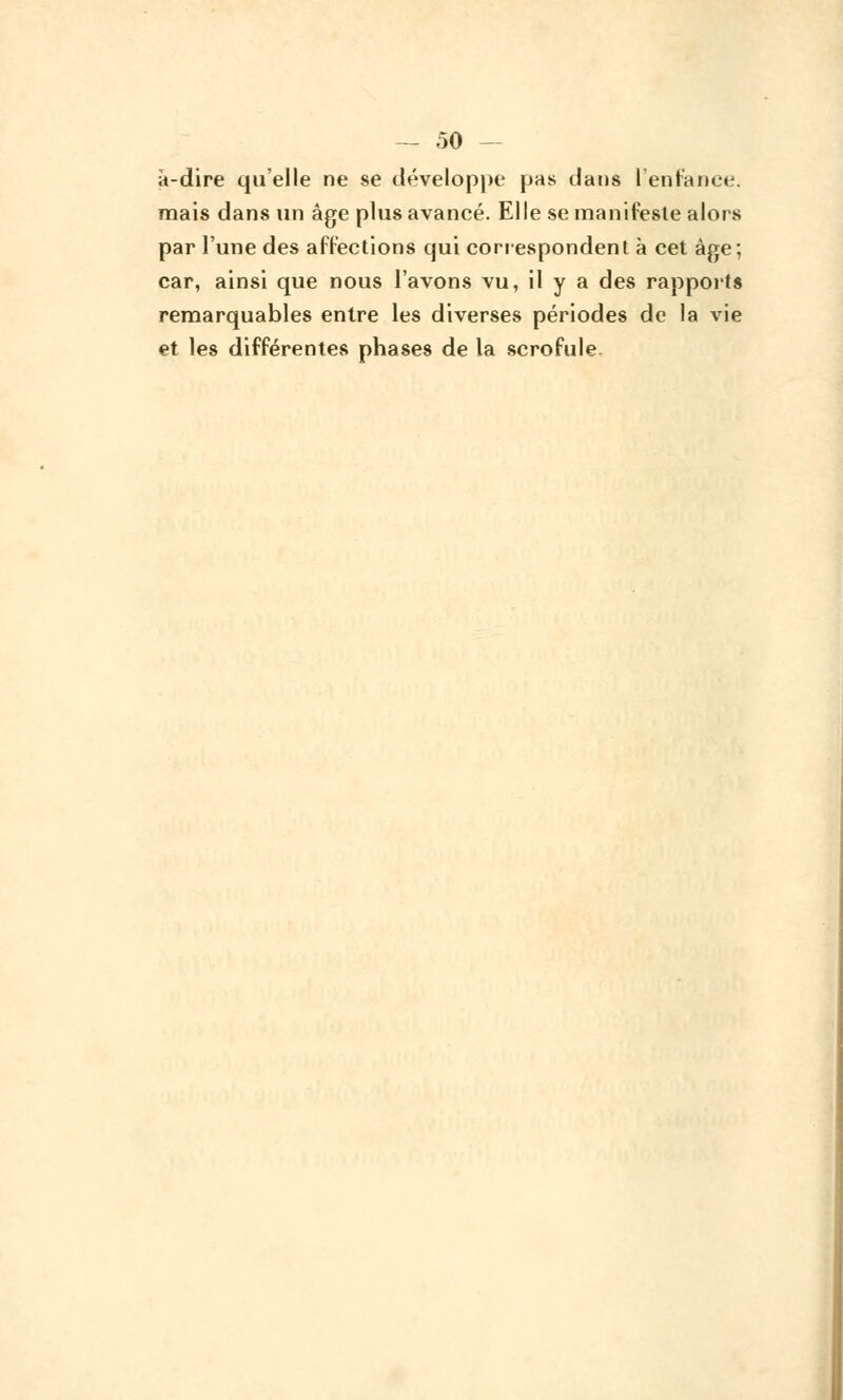 à-dire qu'elle ne se développe pas dans l'enfance, mais dans un âge plus avancé. Elle se manifeste alors par l'une des affections qui correspondent à cet âge; car, ainsi que nous l'avons vu, il y a des rapports remarquables entre les diverses périodes de la vie et les différentes phases de la scrofule