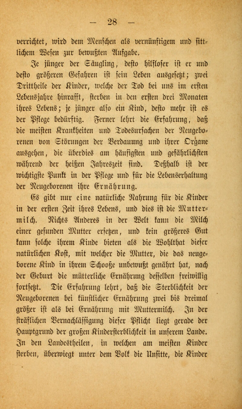 üerridjtet, ttrirb bem JOienfdjen aß oernünf tigern unb fiit* (idjem 2Befen pr bettm&ten Aufgabe. 3c jünger ber Säugling, befto Ijtlffofer ift er unb befto größeren ©efabren ift fein Seben ausgefegt; jtüri SDritt^eilc ber ßinber, tüclc^c ber £ob bei un» im erften Seben^jabre hinrafft, fterben in ben erften brei SXKonaten ibre3 2eben3; je jünger alfo ein Äinb, befto mebr ift e§ ber Pflege bebürftig, ferner tebrt bie (Srfabrung, ba$ bie tneiften Sranfbeiten unb ütobesurfadjen ber Neugebo* reuen öon Störungen ber SSerbauuug unb ibrer Organe ausgeben, bie überbieS am böufigften unb gefäbrlidjften mäbrenb ber beißen 3af)re§5cit finb. ^)e§^alb ift ber ttridjtigfte Sßunft in ber Pflege unb für bie Seben^erbaltung ber Neugeborenen ibre (Smäbrung. 6§ gibt nur eine natür(i(be Nabrung für bie Äinber in ber erften 3rit i^rcS 2eben3, unb bie3 ift bie Wiuttn* mild). 3tt$t3 Ruberes in ber SBelt fann bie 3Rüdj einer gefunben Butter erfejen, unb fein größere^ ©ut fann foldje ibrem JKnbe bieten aß bie äßobltbat biefer natürlichen Soft, mit toeldjer bie Butter, bie ha» neuge* borene «SKnb in ibrem S$ooße unbettmßt genährt fyat, nadj ber ©eburt bie mütterliche ©rnäbrung beffelben freiwillig fortfeijh £)ie ©rfabrung lebrt, ba$ bie Sterblidjfeit ber Neugeborenen bei fünftlidjer (ärnöbrung ^toei bß breimal größer ift aß bd (Srnäbrung mit SDiuttermildj. 3k ber fträflidjen 23emadjläffigung biefer ^flidjt liegt gerabe ber ©auptgrunb ber großen Äinberfterblidjfeit in unferem Sanbe. 3n ben SanbeSt&eilen, in toeldjen am tneiften Äinber fterben, überwiegt unter bem SSolf bie Unfitte, bie Äinber