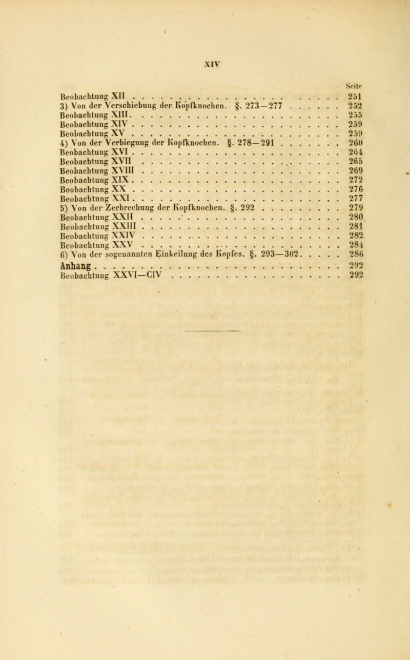 Seit.- Beobachtung XII th\ 3) Von der Verschiebung der Ko'pfknochen. §. '273 — 277 252 Beobachtung XIII 255 Beobachtung XIV 259 Beobachtung XV 259 4) Von der Verbiegung der Kopfknochen. §. 278—291 26U Beobachtung XVI 264 Beobachtung XVII 265 Beobachtung XVIII 269 Beobachtung XIX 272 Beobachtung XX 276 Beobachtung XXI ^ 277 5) Von der Zerbrechung der Kopfknocben. §. 292 279 Beobachtung XXII 280 Beobachtung XXIII 281 Beobachtung XXIV 282 Beobachtung XXV 284 6) Von der sogenannten Einkeilung des Kopfes. §. 293—3U2 286 Anhang %n Beobachtung XXVI-CIV 292