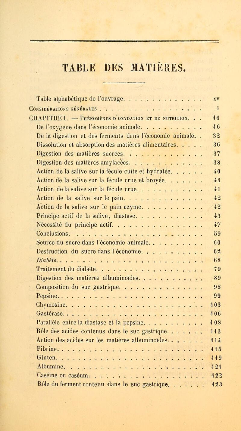 TABLE DES MATIERES. Table alphabétique de l'ouvrage xv Considérations générales 4 CHAPITRE I. —Phénomènes d'oxydation et de nutrition. . . 16 De l'oxygène dans l'économie animale 4 6 De la digestion et des ferments dans l'économie animale. . 32 Dissolution et absorption des matières alimentaires 36 Digestion des matières sucrées 37 Digestion des matières amylacées 38 Action de la salive sur la fécule cuite et hydratée 40 Action de la salive sur la fécule crue et broyée 41 Action delà salive sur la fécule crue 41 Action de la salive sur le pain 42 Action de la salive sur le pain azyme 42 Principe actif de la salive, diastase 43 Nécessité du principe actif 47 Conclusions 59 Source du sucre dans l'économie animale 60 Destruction du sucre dans l'économie 62 Diabète 68 Traitement du diabète . 79 Digestion des matières albuminoïdes 89 Composition du suc gastrique 98 Pepsine 99 Chymosine . . 103 Gastérase 106 Parallèle entre la diastase et la pepsine 108 Rôle des acides contenus dans le suc gastrique 113 Action des acides sur les matières albuminoïdes 114 Fibrine 115 Gluten „ 119 Albumine 121 Caséine ou caséum. 422 Rôle du ferment contenu dans le suc gastrique 4 23