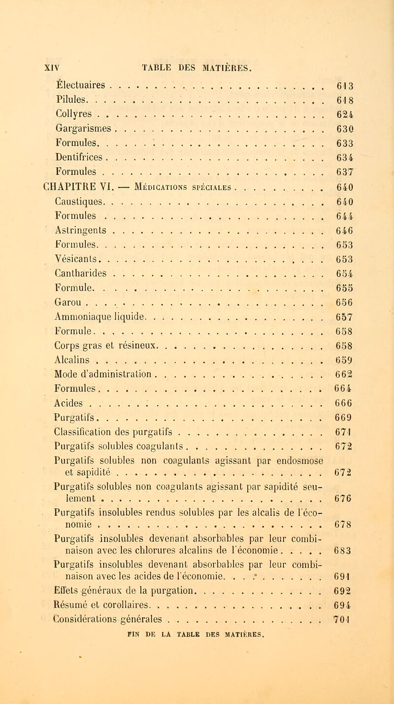 Électuaires 613 Pilules. 618 Collyres 624 Gargarismes 630 Formules 633 Dentifrices 634 Formules 637 CHAPITRE VI. — Médications spéciales 640 Caustiques. 640 Formules 644 Astringents 646 Formules 653 Vésicants 653 Cantharicles 654 Formule 655 Garou 656 Ammoniaque liquide 657 Formule 658 Corps gras et résineux 658 Alcalins , 659 Mode d'administration 662 Formules 664 Acides 666 Purgatifs 669 Classification des purgatifs 671 Purgatifs solubles coagulants 67:2 Purgatifs solubles non coagulants agissant par endosmose et sapidité 672 Purgatifs solubles non coagulants agissant par sapidité seu- lement 676 Purgatifs insolubles rendus solubles par les alcalis de l'éco- nomie 678 Purgatifs insolubles devenant absorbables par leur combi- naison avec les chlorures alcalins de l'économie 683 Purgatifs insolubles devenant absorbables par leur combi- naison avec les acides de l'économie. . . .* 691 Effets généraux de la purgation 692 Résumé et corollaires 694 Considérations générales 701 FIN DE LA TABLE DES MATIÈRES.