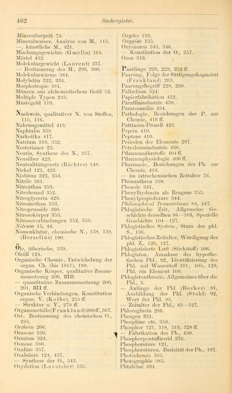 Mint ralturpeth 79. Mineralwasser, Analyse von M., 115. —, künstliche M., 421. Mischungsgewichte (Gmelin) 164. Mörtel 432. Molekulargewicht (Laurent) 237. — Bestimmung des M.. 299, 300. Molekularwärme 384. Molybdän 322, 334. Morphotropie 381. Münzen aus alehemistisehem Gold 52. Multiple Typen 243. Musivgold 119. Nachweis, qualitativer N. von Stoffen, 115, 116. Nahrungsmittel 413. Naphtalin 339. Narkotika 417. Natrium 319, 332. Nestorianer 23. Neurin, Synthese des N., 357. Neusilber 423. Neutralitätsgesetz (Richter) 148. Nickel 121, 423. Niobium 323, 334. Nitrile 361. Nitroäthan 353. Nitrobenzol 352. Nitroglycerin 429. Nitromethan 353. Nitroprusside 360. Nitrosokörper 353. Nitrosoverbindungen 352, 353. Nitrurti 15, 44. Nomenklatur, chemische N., 138, 139, (Berzelius) 190. Öle, ätherische, 339. Ülsüß 124. Organische Chemie, Entwickelung der organ. Ch. (bis 1811), 199. Organische Körper, qualitative Zusam- mensetzung 200, 310. — quantitative Zusammensetzung 200, 201, 311 ff. Organische Verbindungen, Konstitution organ. V. (Kolbe), 255 ff. — Struktur o. V., 279 ff. Organometalle(Frankland)260ff..:;i;7. Ort, Bestimmung des chemischen O., 285. Orthrin 206. Osazone 350. Osmium 324. Osmose 380. Oxaline 357. Oxalsäure 124, 437. — Synthese der 0., 343. Oxydation (Lavoisier) 135. Oxydes 139. Oxygine 135. Oxysäuren 345, 346. — Konstitution der 0., 257. Ozon 319. Paarlinge 228, 229, 252 ff. Paarung, Folge der Sättigungskapazität (Frankland) 263. Paarungsbegriff 22s, 260. Palladium 324. Papierfabrikatii m 432. Paraffinindustrie 438. Pararosanilin 434. Pathologie, Beziehungen der P. zur Chemie, 416 ff. Pattinson-Prozeß 423. Pepsin 410. Peptone 410. Perioden der Elemente 297. Petroleumindustrie 43s. Pflanzennährstoffe 404 ff. Pflanzenphysiologie 406 ff. Pharmazie, Beziehungen der l'h. zur Chemie, 418. — im iatrochemischen Zeitalter 76. Phenanthren 339. Phenole 341. Phenylhydrazin als Beagens 353. Phenylpropiolsäure 344. Philosophical Transaetions 84, 447. Phlogistische Zeit, Allgemeine Ge- schichte derselben 86—103, Spezielle Geschichte 104—127. Phlogistisches System, Sturz des phl. S., 136. Phlogistisches Zeitalter, Würdigung des phl. Z., 126, 127. Phlogistisierte Luft (Stickstoff) 106. Phlogiston, Annahme des hypothe- tischen Phl., 92, Identifizierung des Phl. mit Wassertoff 101, 105, 129, Phl. ein Element 109, Phlogistontheorie, Allgemeines über die Phl., 3. — Anfänge der Phl. (Becher) 91. Ausbildung der Phl. (Stahl) 92, Wert der Phl. 93. — Zeitalter der Phl., 83—127. Phloroglucin 286. Phosgen 331. Phosphine etc. 358. Phosphor 121, 318, 319, 328 ff. - Fabrikation des Ph., 430. l'hosphorpentafluorid 276. Phosphorsäure 121. Phosphorsäuren, Basizität der Pb., 197. Photochemie 385. Photographie 385. Phtaleine 434.