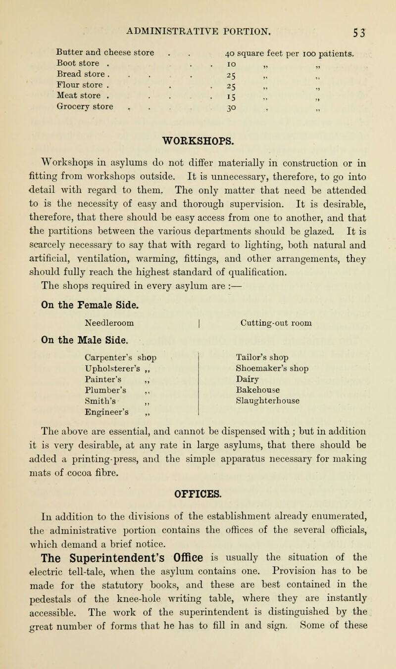 Butter and cheese store . . 40 square feet per 100 patients. Boot store . . . 10 „ Bread store..... 25 „ Flour store . . . 25 „ Meat store . . . 15 Grocery store . . 30 , WORKSHOPS. Workshops in asylums do not differ materially in construction or in fitting from workshops outside. It is unnecessary, therefore, to go into detail with regard to them. The only matter that need be attended to is the necessity of easy and thorough supervision. It is desirable, therefore, that there should be easy access from one to another, and that the partitions between the various departments should be glazed It is scarcely necessary to say that with regard to lighting, both natural and artificial, ventilation, warming, fittings, and other arrangements, they should fully reach the highest standard of qualification. The shops required in every asylum are :— On the Female Side. Needleroom Cutting-out room On the Male Side. Carpenter's shop Upholsterer's Painter's Plumber's Smith's Engineer's Tailor's shop Shoemaker's shop Dairy Bakehouse Slaughterhouse The above are essential, and cannot be dispensed with; but in addition it is very desirable, at any rate in large asylums, that there should be added a printing-press, and the simple apparatus necessary for making mats of cocoa fibre. OFFICES. In addition to the divisions of the establishment already enumerated, the administrative portion contains the offices of the several officials, which demand a brief notice. The Superintendent's Office is usually the situation of the electric tell-tale, when the asylum contains one. Provision has to be made for the statutory books, and these are best contained in the pedestals of the knee-hole writing table, where they are instantly accessible. The work of the superintendent is distinguished by the great number of forms that he has to fill in and sign. Some of these