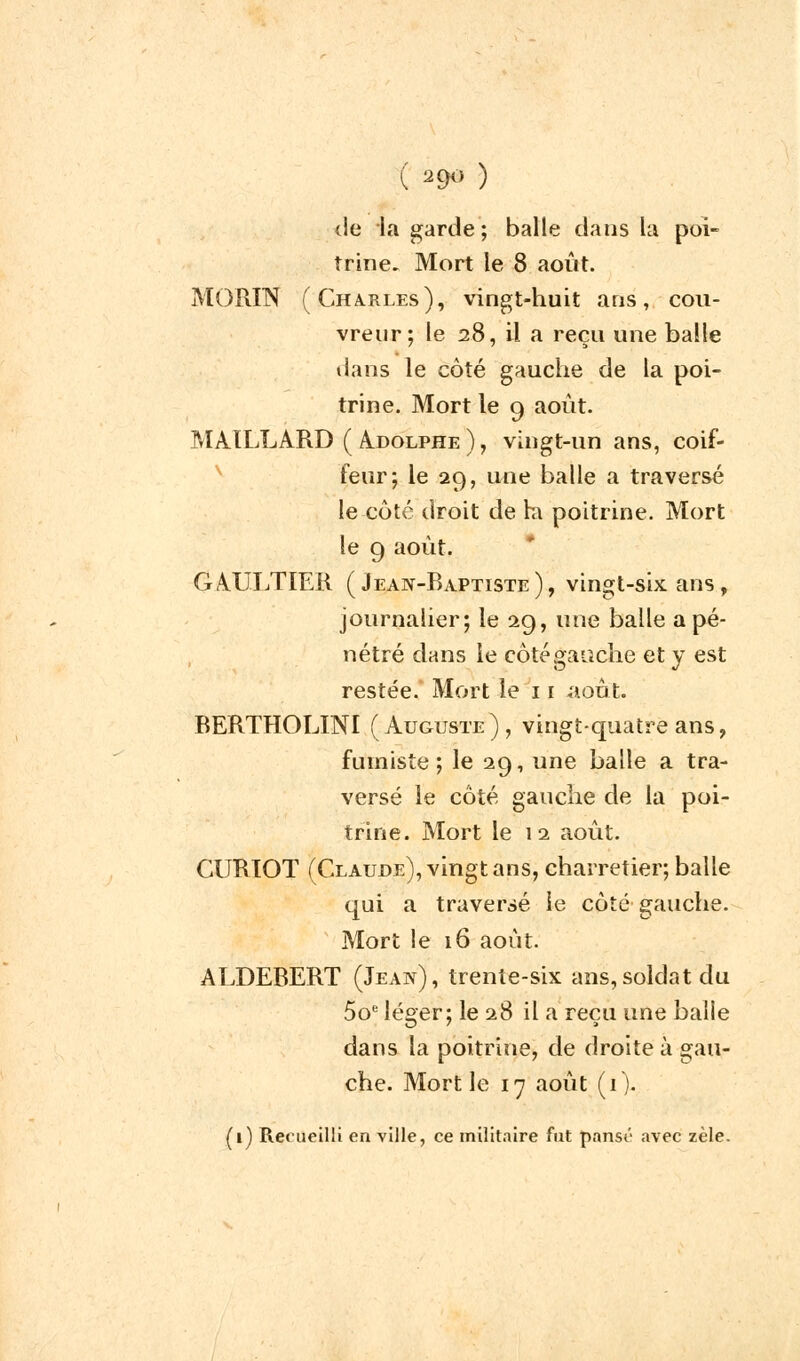 ( 29° ) de la garde; balle dans la poi- trine. Mort le 8 août. MORIN (Charles), vingt-huit ans, cou- vreur; le 28, il a reçu une balle flans le côté gauche de la poi- trine. Mort le 9 août. MAILLARD ( Adolphe ), vingt-un ans, coif- feur; le 29, une balle a traversé le côté droit de h poitrine. Mort le 9 août. GAULTIER ( Jean-Baptiste), vingt-six ans, journalier; le 29, une balle a pé- nétré dans le côtégauche et y est restée. Mort le 11 août. RERTHOLINI (Auguste), vingt-quatre ans, fumiste ; le 29, une balle a tra- versé le côté gauche de la poi- trine. Mort le 12 août. CURIOT (Claude), vingt ans, charretier; balle qui a traversé le côté gauche. Mort le 16 août. ALDEBERT (Jean), trente-six ans,soldat du 5oe léger; le 28 il a reçu une balle dans la poitrine, de droite à gau- che. Mort le 17 août (1). (1) Recueilli en ville, ce militaire fut pansé avec zèle.
