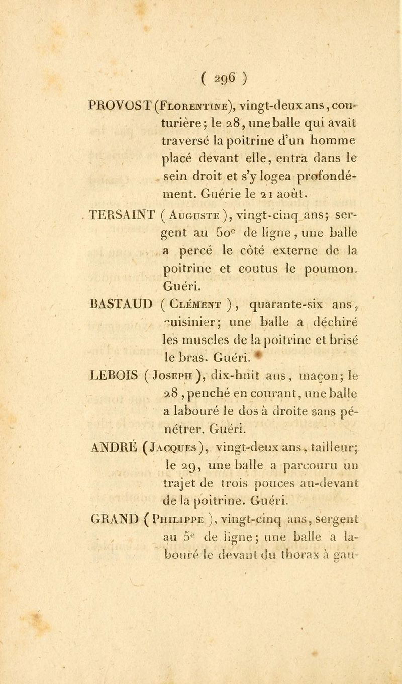 PROVOST (Florentine), vingt-deux ans, cou- turière; le 28, une balle qui avait traversé la poitrine d'un homme placé devant elle, entra dans le sein droit et s'y logea profondé- ment. Guérie le 21 août. TERSAINT ( Auguste), vingt-cinq ans; ser- gent au 5oe de ligne , une balle a percé le côté externe de la poitrine et coutus le poumon. Guéri. BASTAUD ( Clément ) , quarante-six ans, uisinier; une baile a déchiré les muscles de la poitrine et brisé le bras. Guéri. LEBOIS (Joseph), dix-huit ans, maçon; le 28 , penché en courant, une balle a labouré le dos à droite sans pé- nétrer. Guéri. ANDRÉ (Jacques), vingt-deux ans, tailleur; le 29, une balle a parcouru un trajet de trois pouces au-devant de la poitrine. Guéri. GRAND ( Philippe ), vingt-cinq ans, sergent au 5e de ligne; une balle a la- bouré le devant du thorax à gau