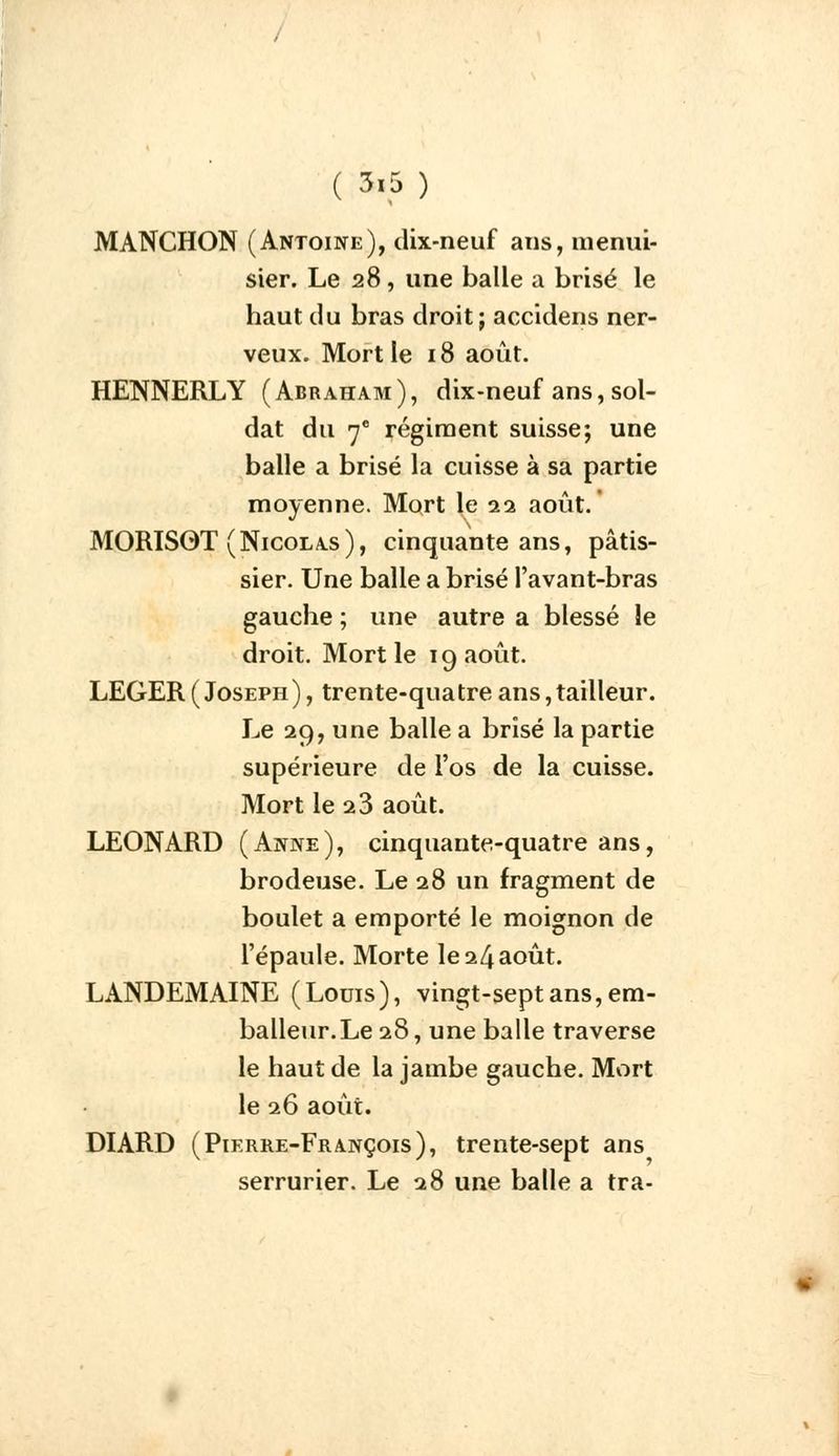 ( 3*5 ) MANCHON (Antoine), dix-neuf ans, menui- sier. Le 28 , une balle a brisé le haut du bras droit; accidens ner- veux. Mort le 18 août. HENNERLY (Abraham), dix-neuf ans, sol- dat du 7e régiment suisse; une balle a brisé la cuisse à sa partie moyenne. Mort le 22 août. MORISOT (Nicolas), cinquante ans, pâtis- sier. Une balle a brisé l'avant-bras gauche ; une autre a blessé le droit. Mort le 19 août. LEGER (Joseph), trente-quatre ans, tailleur. Le 29, une balle a brisé la partie supérieure de l'os de la cuisse. Mort le 23 août. LEONARD (Anne), cinquante-quatre ans, brodeuse. Le 28 un fragment de boulet a emporté le moignon de l'épaule. Morte le 24août. LANDEMAINE (Louis), vingt-sept ans, em- balleur. Le 28, une balle traverse le haut de la jambe gauche. Mort le 26 août. DIARD (Pierre-François), trente-sept ans serrurier. Le 28 une balle a tra-