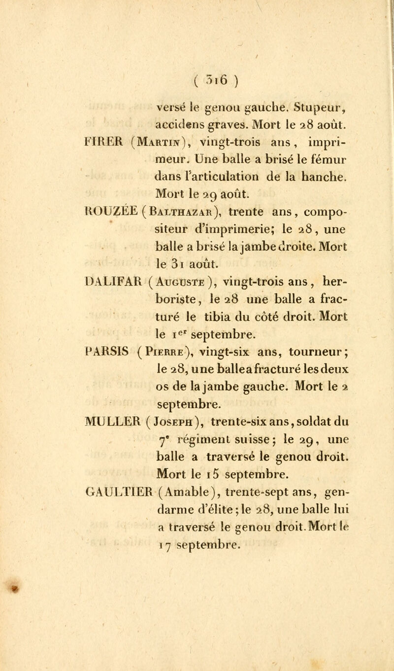 versé le genou gauche. Stupeur, accidens graves. Mort le 28 août. FIRER (Martin), vingt-trois ans, impri- meur. Une balle a brisé le fémur dans l'articulation de la hanche. Mort le 29 août. ROUZEE (Balthazar), trente ans, compo- siteur d'imprimerie; le 28, une balle a brisé la jambe droite. Mort le 3i août. DALIFAR (Auguste), vingt-trois ans, her- boriste , le 28 une balle a frac- turé le tibia du côté droit. Mort le ier septembre. PARS1S (Pierre), vingt-six ans, tourneur; le 28, une balle a fracturé les deux os de la jambe gauche. Mort le 2 septembre. MULLER (Joseph), trente-six ans, soldat du 70 régiment suisse ; le 29, une balle a traversé le genou droit. Mort le i5 septembre. GAULTIER (Amable), trente-sept ans, gen- darme d'élite;le 28, une balle lui a traversé le genou droit. Mort le