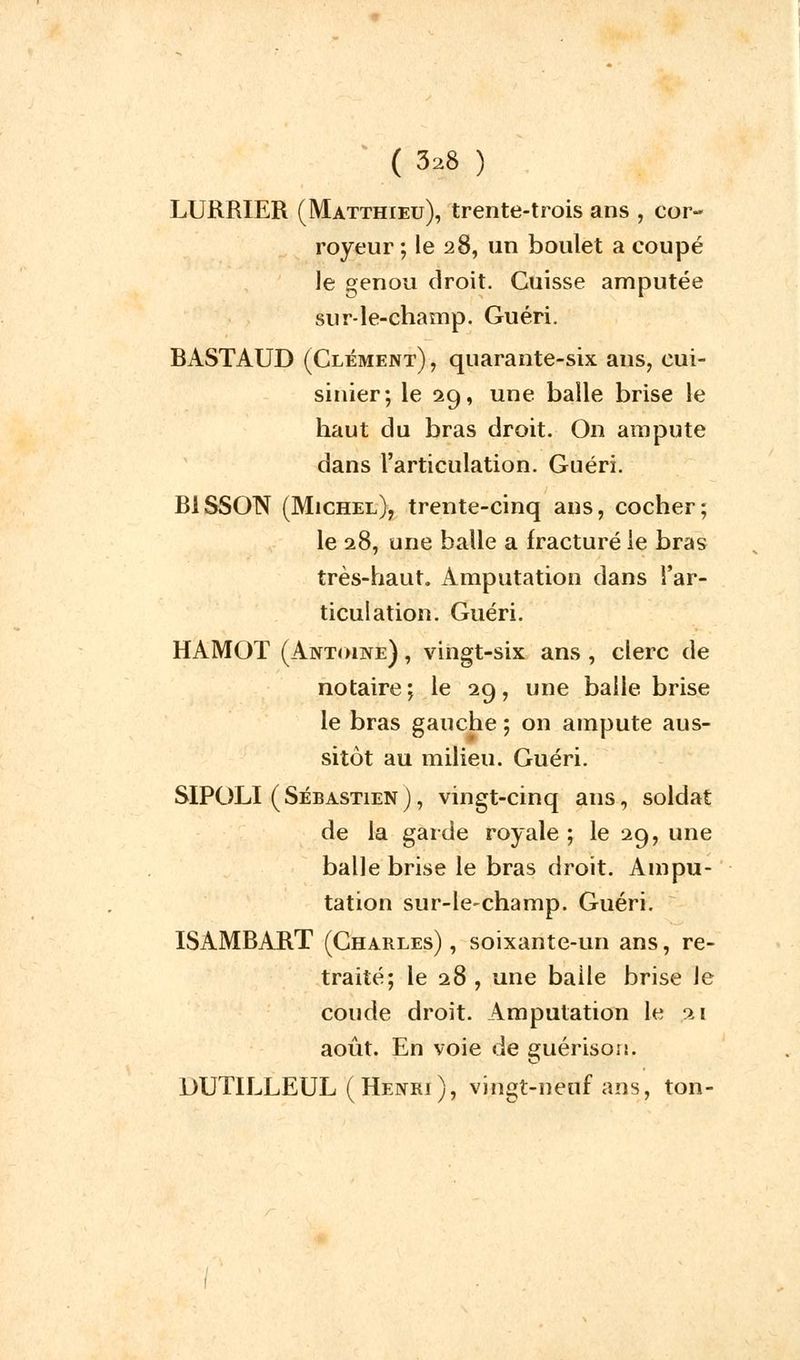 LURRIER (Matthieu), trente-trois ans , cor- royeur ; le 28, un boulet a coupé le genou droit. Cuisse amputée sur-le-champ. Guéri. BASTAUD (Clément) , quarante-six ans, cui- sinier; le 29, une balle brise le haut du bras droit. On ampute dans l'articulation. Guéri. B1SSON (Michel), trente-cinq ans, cocher; le 28, une balle a fracturé ie bras très-haut. Amputation dans l'ar- ticulation. Guéri. HAMOT (Antoine) , vingt-six ans , clerc de notaire; le 29, une balle brise le bras gauche ; on ampute aus- sitôt au milieu. Guéri. SIPOLI ( Sébastien ), vingt-cinq aus, soldat de la garde royale ; le 29, une balle brise le bras droit. Ampu- tation sur-le-champ. Guéri. ISAMBART (Charles) , soixante-un ans, re- traité; le 28 , une balle brise Je coude droit. Amputation le 21 août. En voie de guérisoi:. DUTILLEUL (Henri), vingt-neuf ans, ton-