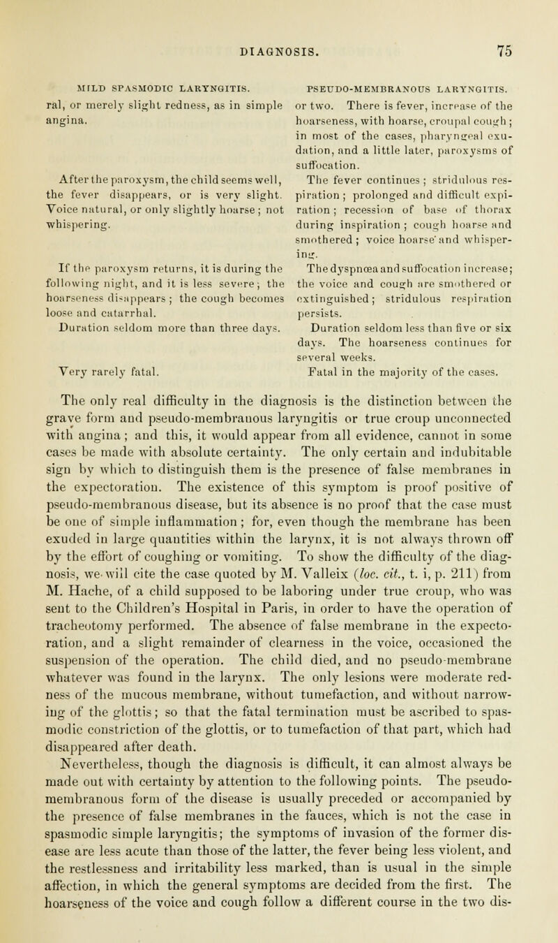 MILD SPASMODIC LARYNGITIS. PSEUDOMEMBRANOUS LARYNGITIS. ral, or merely slight redness, as in simple or two. There is fever, increase of the angina. hoarseness, with hoarse, croupal cough ; in most of the cases, pharyngeal exu- dation, and a little later, paroxysms of suffocation. After the paroxysm, the child seems well, The fever continues; stridulous res- the fever disappears, or is very slight, pi ration; prolonged and difficult expi- Voice natural, or only slightly hoarse ; not ration; recession of base of thorax whispering. during inspiration ; cough hoarse and smothered; voice hoarse'and whisper- ing. If the paroxysm returns, it is during the The dyspnoea and suffocation increase; following night, and it is less severe; the the voice and cough are smothered or hoarseness disappears ; the cough becomes extinguished; stridulous respiration loose and catarrhal. persists. Duration seldom more than three days. Duration seldom less than five or six days. The hoarseness continues for several weeks. Very rarely fatal. Fatal in the majority of the cases. The only real difficulty in the diagnosis is the distinction between the grave form and pseudo-membranous laryngitis or true croup unconnected with angina; and this, it would appear from all evidence, cannot in some cases be made with absolute certainty. The only certain and indubitable sign by which to distinguish them is the presence of false membranes in the expectoration. The existence of this symptom is proof positive of pseudo-membranous disease, but its absence is no proof that the case must be one of simple inflammation ; for, even though the membrane has been exuded in large quantities within the larynx, it is not always thrown off by the effort of coughing or vomiting. To show the difficulty of the diag- nosis, we> will cite the case quoted by M. Valleix (foe. cit., t. i, p. 211) from M. Hache, of a child supposed to be laboring under true croup, who was sent to the Children's Hospital in Paris, in order to have the operation of tracheotomy performed. The absence of false membrane in the expecto- ration, and a slight remainder of clearness in the voice, occasioned the suspension of the operation. The child died, and no pseudo-membrane whatever was found in the larynx. The only lesions were moderate red- ness of the mucous membrane, without tumefaction, and without narrow- ing of the glottis; so that the fatal termination must be ascribed to spas- modic constriction of the glottis, or to tumefaction of that part, which had disappeared after death. Nevertheless, though the diagnosis is difficult, it can almost always be made out with certainty by attention to the following points. The pseudo- membranous form of the disease is usually preceded or accompanied by the presence of false membranes in the fauces, which is not the case in spasmodic simple laryngitis; the symptoms of invasion of the former dis- ease are less acute than those of the latter, the fever being less violent, and the restlessness and irritability less marked, than is usual in the simple affection, in which the general symptoms are decided from the first. The hoarseness of the voice and cough follow a different course in the two dis-