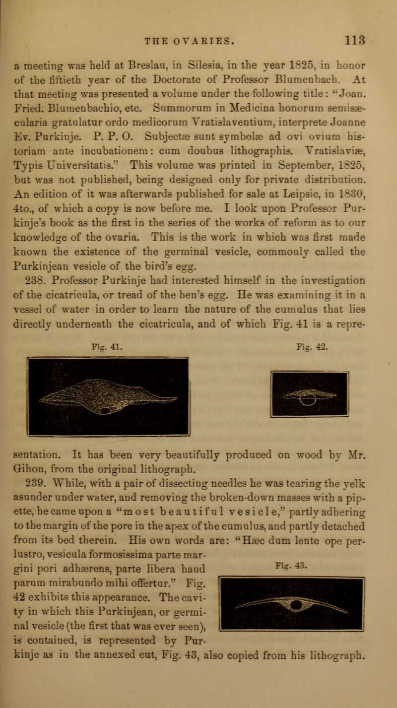 a meeting was held at Breslau, in Silesia, in the year 1525, in honor of the fiftieth year of the Doctorate of Professor Blumenbach. At that meeting was presented a volume under the following title : u Joan. Fried. Blumenbachio, etc. Summorum in Medicina honorum sen. cularia gratulatur ordo medicorurn Vratislaventium, interprete Joanne Kv. Purkinje. P. P. 0. Subjectse sunt symbolae ad ovi ovium his- toriam ante incubationem: cum doubus lithographis. Yratislavise, Typis Universitatis. This volume was printed in September. I^l . but was not published, being designed only for private distribution. An edition of it was afterwards published for sale at Leipsic, in 1€ 4to., of which a copy is now before me. I look upon Professor Pur- kinje's book as the first in the series of the works of reform as to our knowledge of the ovaria. This is the work in which was first made known the existence of the germinal vesicle, commonly called the Purkinjean vesicle of the bird's egg. 238. Professor Purkinje had interested himself in the investigation of the cicatricula, or tread of the hen's egg. He was examining it in a sel of water in order to learn the nature of the cumulus that lies directly underneath the cicatricula, and of which Fig. 41 is a repre- Fi*. 41. sentation. It has been very beautifully produced on wood by Mr. Gihon, from the original lithograph. 239. While, with a pair of dissecting needles he was tearing the yelk asunder under water, and removing the broken-down masses with a pip- ette, he came upon a most beautiful vesicle, partly adhering to the margin of the pore in the apex of the cumulus, and partly detached from its bed therein. His own words are: Hsec dum lente ope per- lustro, vesicula formosissima parte mar- gini pori adherens, parte libera haud parum mirabundo mihi offertur. Fig. 42 exhibits this appearance. The cavi- ty in which this Purkinjean, or germi- nal vesicle (the first that was ever seen), is contained, is represented by Pur- kinje as in the annexed cut, Fig. 43, also copied from his lithograph. Fig. 43.