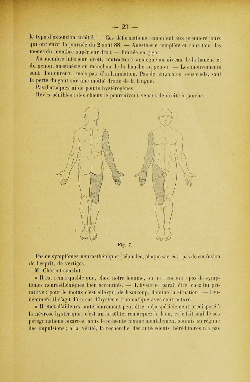 le type d'extension cubital. — Ces déformations remontent aux premiers jours qui ont suivi la journée du 2 août 88. — Anesthésie complète et sous tous les modes du membre supérieur droit — limitée en gigot. Au membre inférieur droit, contracture analogue au niveau de la hanche et du genou, anesthésie en manchon de la hanche au genou. — Les mouvements sont douloureux, mais pas d'inflammation. Pas de stigmates sensoriels, sauf la perte du goût sur une moitié droite de la langue. Pas d'attaques ni de points hystérogènes. Rêves pénibles : des chiens le poursuivent venant de droite à gauche. Fig. 7. Pas de symptômes neurasthéniques (céphalée, plaque sacrée) : pas de confusion de l'esprit, de vertiges. M. Charcot conclut : « Il est remarquable que, chez notre homme, on ne rencontre pas de symp- tômes neurasthéniques bien accentués. — L'hystérie parait être chez lui pri- mitive : pour le moins c'est elle qui, de beaucoup, domine la situation. — Evi- demment il s'agit d'un cas d'hystérie traumatique avec contracture. « Il était d'ailleurs, antérieurement peut-être, déjà spécialement prédisposé à la névrose hystérique; c'est un israelite, remarquez-le bien, et le fait seul de ses pérégrinations bizarres, nous le présente comme mentalement soumis au régime des impulsions ; à la vérité, la recherche des antécédents héréditaires n'a pas