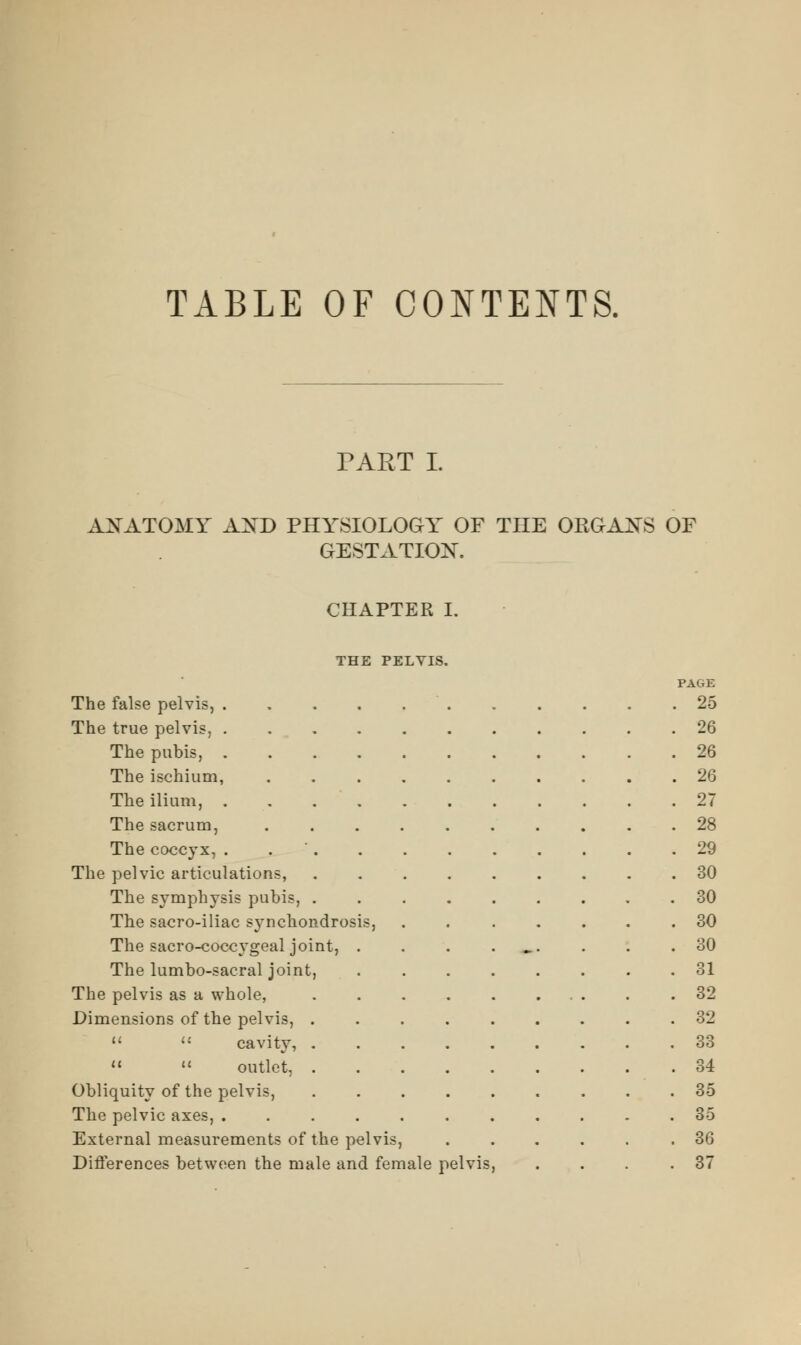 TABLE OF CONTENTS. PART I. ANATOMY AND PHYSIOLOGY OF THE ORGANS OF GESTATION. CHAPTER I. THE PELVIS. PAGE The false pelvis, 25 The true pelvis, 26 The pubis, 26 The ischium, 26 The ilium, 27 The sacrum, 28 The coccyx, . 29 The pelvic articulations, 30 The symphysis pubis, 30 The sacro-iliac synchondrosis, 30 The sacro-coccygeal joint, . . . _. . . .30 The lumbo-sacral joint, ........ 31 The pelvis as a whole, . . . . . ... . .32 Dimensions of the pelvis, 32 11  cavity, 33   outlet, 34 Obliquity of the pelvis, ......... 35 The pelvic axes, ........... 35 External measurements of the pelvis, ...... 36 Differences between the male and female pelvis, . . . .37