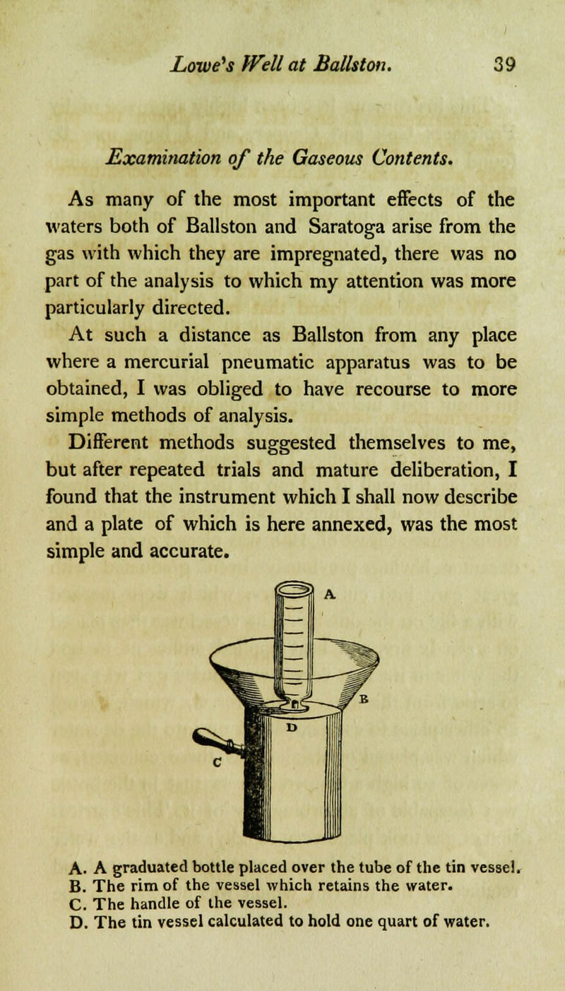 Examination of the Gaseous Contents. As many of the most important effects of the waters both of Ballston and Saratoga arise from the gas with which they are impregnated, there was no part of the analysis to which my attention was more particularly directed. At such a distance as Ballston from any place where a mercurial pneumatic apparatus was to be obtained, I was obliged to have recourse to more simple methods of analysis. Different methods suggested themselves to me, but after repeated trials and mature deliberation, I found that the instrument which I shall now describe and a plate of which is here annexed, was the most simple and accurate. A. A graduated bottle placed over the tube of the tin vessel. B. The rim of the vessel which retains the water. C. The handle of the vessel. D. The tin vessel calculated to hold one quart of water.