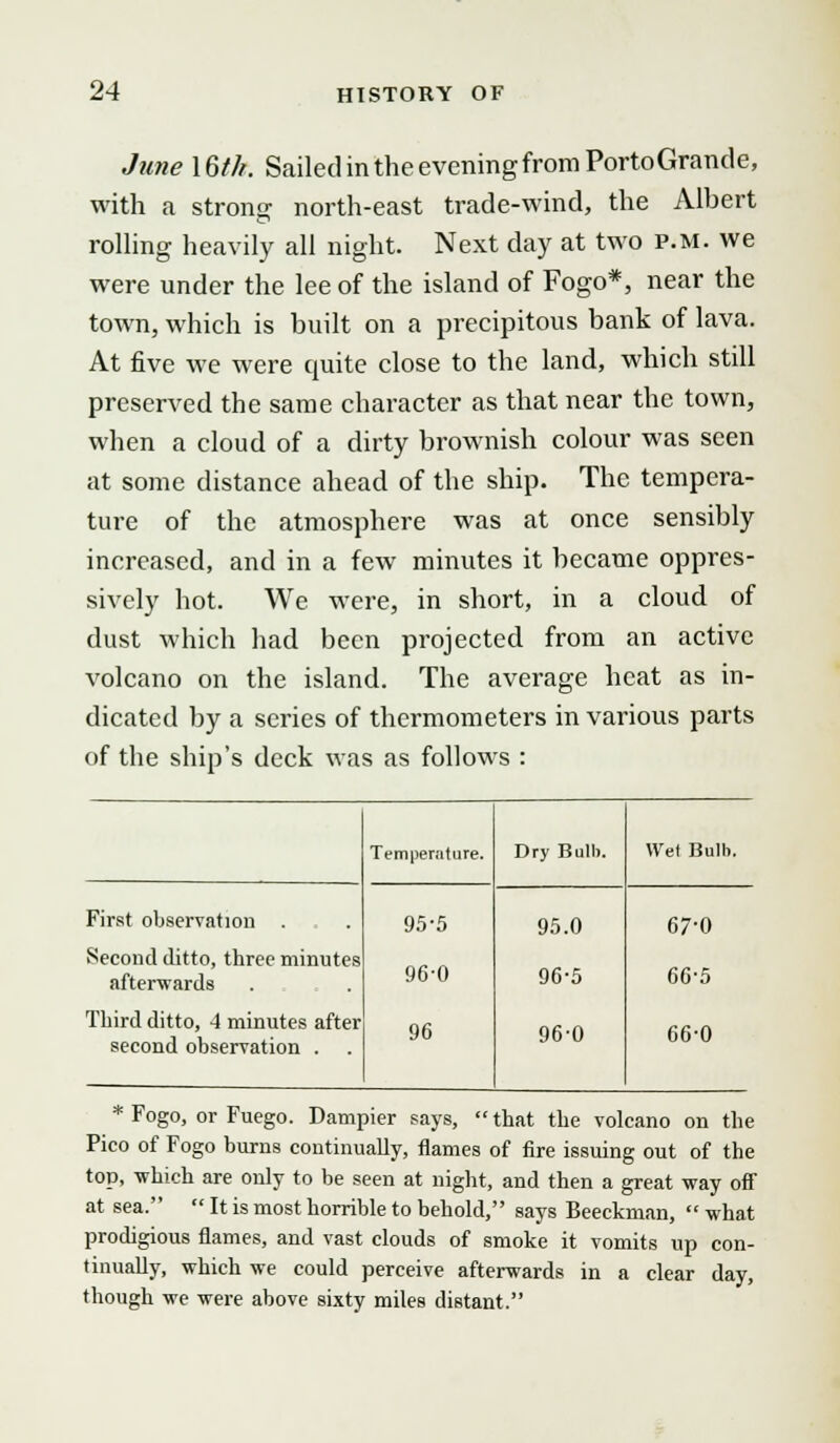 June 16/7/. Sailed in the eveningfromPortoGrande, with a strong north-east trade-wind, the Albert rolling heavily all night. Next day at two p.m. we were under the lee of the island of Fogo*, near the town, which is built on a precipitous bank of lava. At five we were cmite close to the land, which still preserved the same character as that near the town, when a cloud of a dirty brownish colour was seen at some distance ahead of the ship. The tempera- ture of the atmosphere was at once sensibly increased, and in a few minutes it became oppres- sively hot. We were, in short, in a cloud of dust which had been projected from an active volcano on the island. The average heat as in- dicated by a scries of thermometers in various parts of the ship's deck was as follows : Temperature. Dry Bulb. Wet Bulb. First observation 95-5 95.0 67-0 Second ditto, three minutes afterwards 96-0 96-5 66-5 Third ditto, 4 minutes after second observation . 96 96-0 66-0 * Fogo, or Fuego. Dampier says,  that the volcano on the Pico of Fogo burns continually, flames of fire issuing out of the top, which are only to be seen at night, and then a great way off at sea.  It is most horrible to behold, says Beeckman,  what prodigious flames, and vast clouds of smoke it vomits up con- tinually, which we could perceive afterwards in a clear day, though we were above sixty miles distant.