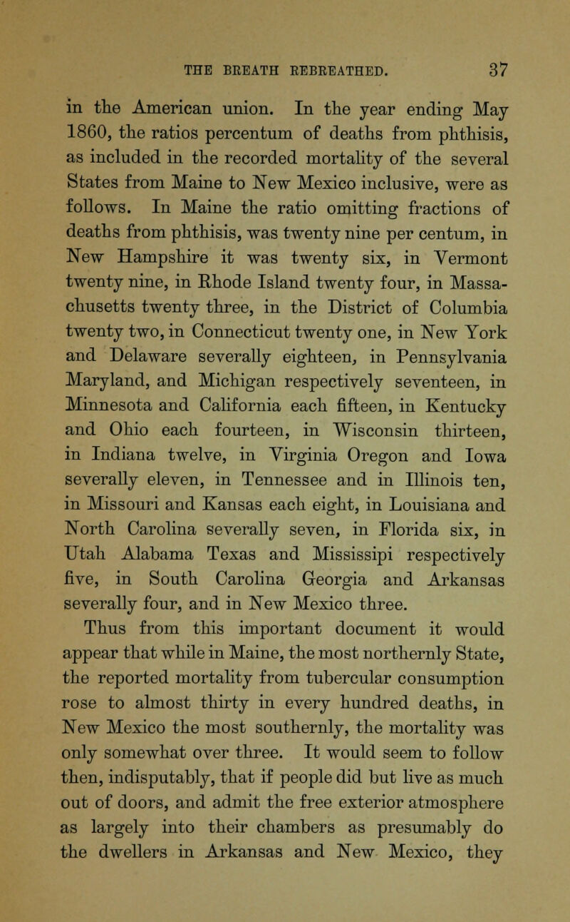 in the American union. In the year ending May 1860, the ratios percentum of deaths from phthisis, as included in the recorded mortality of the several States from Maine to New Mexico inclusive, were as follows. In Maine the ratio omitting fractions of deaths from phthisis, was twenty nine per centum, in New Hampshire it was twenty six, in Vermont twenty nine, in Rhode Island twenty four, in Massa- chusetts twenty three, in the District of Columbia twenty two, in Connecticut twenty one, in New York and Delaware severally eighteen, in Pennsylvania Maryland, and Michigan respectively seventeen, in Minnesota and California each fifteen, in Kentucky and Ohio each fourteen, in Wisconsin thirteen, in Indiana twelve, in Virginia Oregon and Iowa severally eleven, in Tennessee and in Illinois ten, in Missouri and Kansas each eight, in Louisiana and North Carolina severally seven, in Florida six, in Utah Alabama Texas and Mississipi respectively five, in South Carolina Georgia and Arkansas severally four, and in New Mexico three. Thus from this important document it would appear that while in Maine, the most northernly State, the reported mortality from tubercular consumption rose to almost thirty in every hundred deaths, in New Mexico the most southernly, the mortality was only somewhat over three. It would seem to follow then, indisputably, that if people did but live as much out of doors, and admit the free exterior atmosphere as largely into their chambers as presumably do the dwellers in Arkansas and New Mexico, they