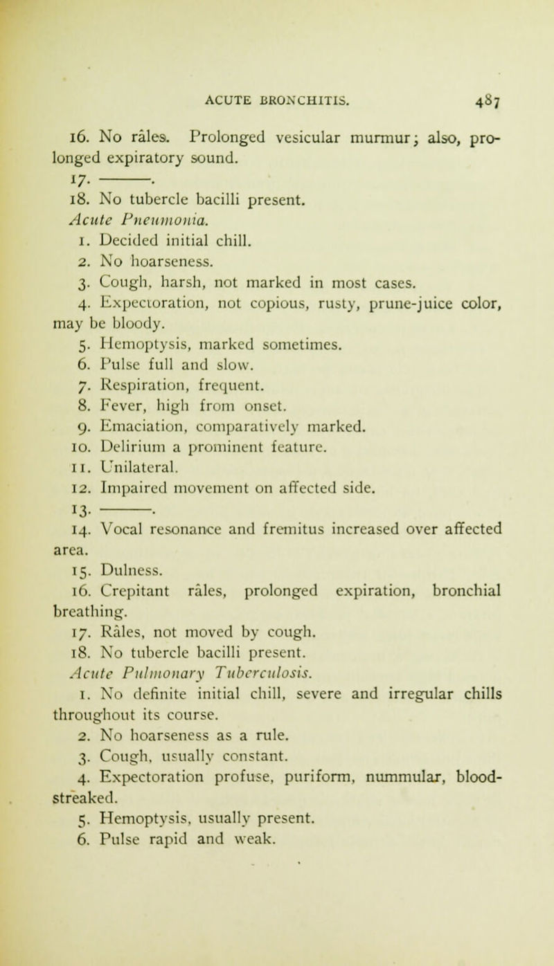 16. No rales. Prolonged vesicular murmur j also, pro- longed expiratory sound. 17. . 18. No tubercle bacilli present. Acute PiieiDiioiiia. 1. Decided initial chill. 2. No hoarseness. 3. Cough, harsh, not marked in most cases. 4. Expecioration, not copious, rusty, prunc-juice color, may be bloody. 5. Hemoptysis, marked sometimes. 6. Pulse full and slow. 7. Respiration, frequent. 8. Fever, high from onset. 9. Emaciation, comparatively marked. 10. Delirium a prominent feature. 11. Unilateral. 12. Imi)aired movement on aft'ected side. 13- ■ 14. Vocal resonance and fraiiitus increased over affected area. 15. Dulness. 16. Crepitant rales, prolonged expiration, bronchial breathing. 17. Rales, not moved by cough. 18. No tubercle bacilli present. Acute PuUiionary Tuberculosis. 1. No definite initial chill, severe and irregular chills throughout its course. 2. No hoarseness as a rule. 3. Cough, usually constant. 4. Expectoration profuse, puriform, nummular, blood- streaked. 5. Hemoptysis, usually present. 6. Pulse rapid and weak.