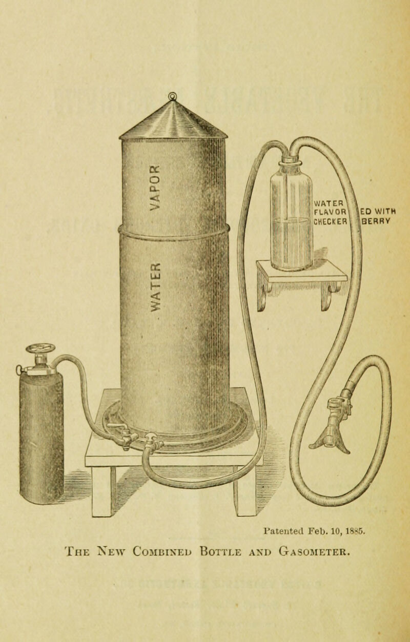 i WATER \ FLAVOR! *ED WITH ^i checker! Iberry Patented Feb. 10, 1886. The New Combined Bottle and Gasometer.