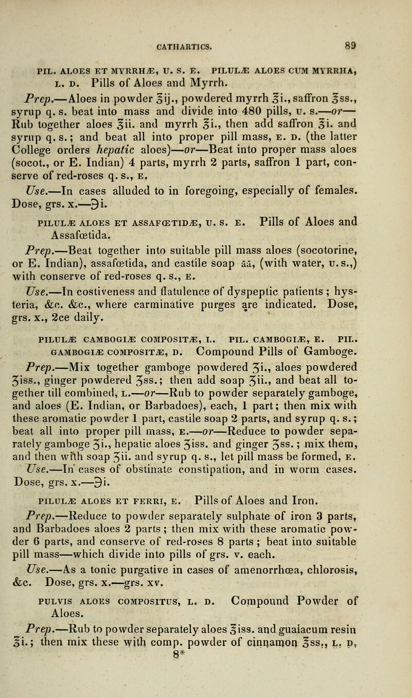 PIL. ALOES ET MYRRHS, U. S. E. PILULJE ALOES CUM MYRRHA, l. d. Pills of Aloes and Myrrh. Prep.—Aloes in powder ^ij., powdered myrrh ^i., saffron 3ss., syrup q. s. beat into mass and divide into 480 pills, u. s.—or— Rub together aloes ^ii. and myrrh %i., then add saffron ^i. and syrup q.s.; and beat all into proper pill mass, e. d. (the latter College orders hepatic aloes)—or—Beat into proper mass aloes (socot., or E. Indian) 4 parts, myrrh 2 parts, saffron 1 part, con- serve of red-roses q.s., e. Use.—In cases alluded to in foregoing, especially of females. Dose, grs. x.—9i. pilule aloes et assafcetiDjE, tj. s. e. Pills of Aloes and Assafoetida. Prep.—Beat together into suitable pill mass aloes (socotorine, or E. Indian), assafoetida, and castile soap as, (with water, u. s.,) with conserve of red-roses q.s., e. Use.—In costiveness and flatulence of dyspeptic patients ; hys- teria, &c. &c, where carminative purges are indicated. Dose, grs. x., 2ce daily. PILULjE CAMBOGLE COMPOSITE, L. PIL. CAMBOGI.E, E. PIL. gambogle composite, d. Compound Pills of Gamboge. Prep.—Mix together gamboge powdered 3i-» aloes powdered 3'iss., ginger powdered 3SS-? then add soap 3ii-» and beat all to- gether till combined, l.—or—Rub to powder separately gamboge, and aloes (E. Indian, or Barbadoes), each, 1 part; then mix with these aromatic powder 1 part, castile soap 2 parts, and syrup q. s.; beat all into proper pill mass, e.—or—Reduce to powder sepa- rately gamboge 3i-» hepatic aloes 3iss- and ginger 3SS- 5 rnix them, and then wfth soap 3ii» and syrup q. s., let pill mass be formed, e. Use.—In cases of obstinate constipation, and in worm cases. Dose, grs. x.—9i. pilule aloes et ferri, e. Pills of Aloes and Iron. Prep.—Reduce to powder separately sulphate of iron 3 parts, and Barbadoes aloes 2 parts; then mix with these aromatic pow- der 6 parts, and conserve of red-roses 8 parts ; beat into suitable pill mass—which divide into pills of grs. v. each. Use.—As a tonic purgative in cases of amenorrhcea, chlorosis, &c. Dose, grs. x.—grs. xv. pulvis aloes compositus, l. d. Compound Powder of Aloes. Prep.—Rub to powder separately aloes Hiss, and guaiacum resin ^i.; then mix these with comp. powder of cinnamon *ss., l. d, 8*