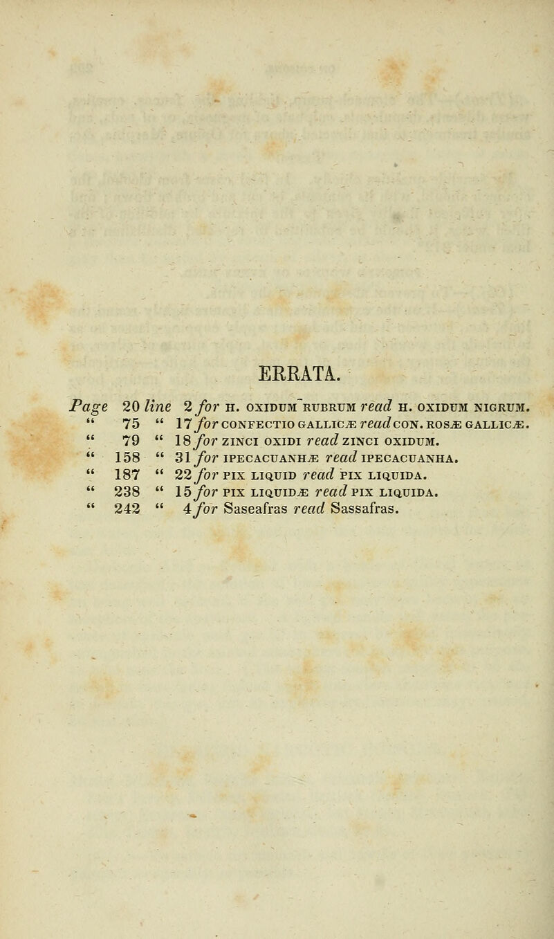 ERRATA. Page 20 line 2 for h. oxidum~rubrum read h. oxidum nigrum. 75  17ybrCONFECTIOGALLICjErmrfcON. ROSjE gallic^e. 79  18 for zinci oxidi readzmci oxidum. 158  31 for ipecacuanha read ipecacuanha. 187  22 for pix liquid read pix liquida. 238  15 for pix liquids read pix liquida. 242  4/or Saseafras read Sassafras.