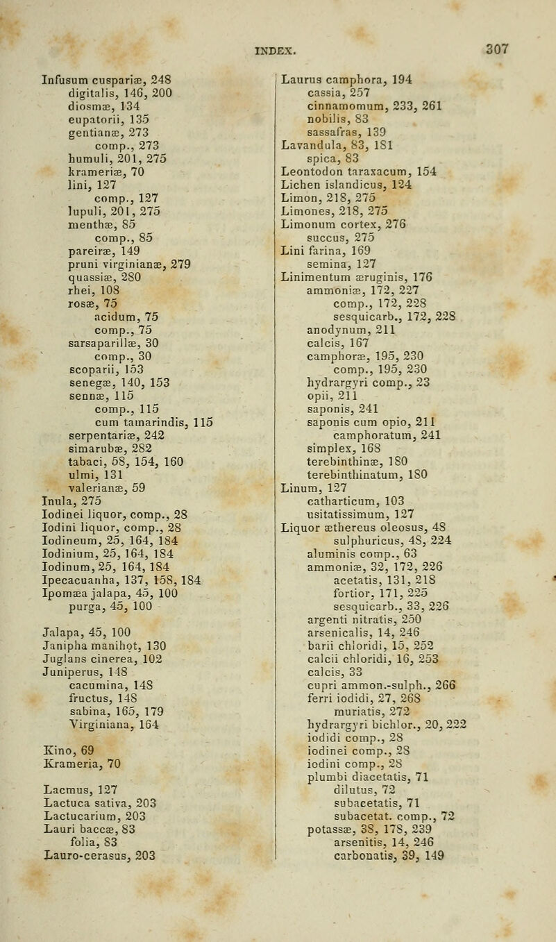 Infusum cuspariae, 248 digitalis, 146,200 diosmae, 134 eupatorii, 135 gentiana?, 273 comp., 273 humuli, 201, 275 krameriae, 70 lini, 127 comp., 127 lupuli, 201,275 menthae, 85 comp., 85 pareirae, 149 pruni virginianae, 279 quassia?, 280 rhei, 108 TOS83, 75 acidum, 75 comp., 75 sarsaparillae, 30 comp., 30 scoparii, 153 senega?, 140, 153 sennas, 115 comp., 115 cum tamarindis, 115 serpentarice, 242 simarubae, 2S2 tabaci, 58, 154, 160 ulmi, 131 Valerianae, 59 Inula, 275 Iodinei liquor, comp., 28 Iodini liquor, comp., 28 Iodineum, 25, 164, 184 Iodinium, 25, 164, 184 Iodinum,25, 164, 184 Ipecacuanha, 137, 158,184 Ipomasa jalapa, 45, 100 purga, 45, 100 Jalapa, 45, 100 Janipha manihot, 130 Juglans cinerea, 102 Juniperus, 148 cacumina, 148 fructus, 14S sabina, 165, 179 Virginiana, 164 Kino, 69 Krameria, 70 Lacmus, 127 Lactuca sativa, 203 Lactucarium, 203 Lauri baccae, 83 folia, S3 Lauro-cerasus, 203 Laurus camphora, 194 cassia, 257 cinnamomum, 233, 261 nobilis, 83 sassafras, 139 Lavandula, 83, 1S1 spica, 83 Leontodon taraxacum, 154 Lichen islandicus, 124 Limon, 218, 275 Limones, 218, 275 Limonum cortex, 276 succus, 275 Lini farina, 169 semina, 127 Linimentum asruginis, 176 ammonia?, 172, 227 comp., 172, 228 sesquicarb., 172, 228 anodynum, 211 calcis, 167 camphorae, 195, 230 comp., 195, 230 hydrargyri comp., 23 opii, 211 saponis, 241 saponis cum opio, 211 camphoratum, 241 simples, 168 terebinthinae, ISO terebinthinatum, ISO Linum, 127 catharticum, 103 usitatissimum, 127 Liquor aethereus oleosus, 48 sulphuricus, 48, 224 aluminis comp., 63 ammonia?, 32, 172, 226 acetatis, 131, 21S fortior, 171, 225 sesquicarb., 33, 226 argenti nitratis, 250 arsenicalis, 14, 246 barii chioridi, 15, 252 calcii chioridi, 16, 253 calcis, 33 cupri ammon.-sulph., 266 ferri iodidi, 27, 26S muriatis, 272 hydrargyri bichlor., 20, 222 iodidi comp., 28 iodinei comp., 2S iodini comp., 28 plumbi diacetatis, 71 dilutus, 72 subacetatis, 71 subacetat. comp., 72 potassae, 3S, 17S, 239 arsenitis, 14, 246 carbouatis, 39, 149