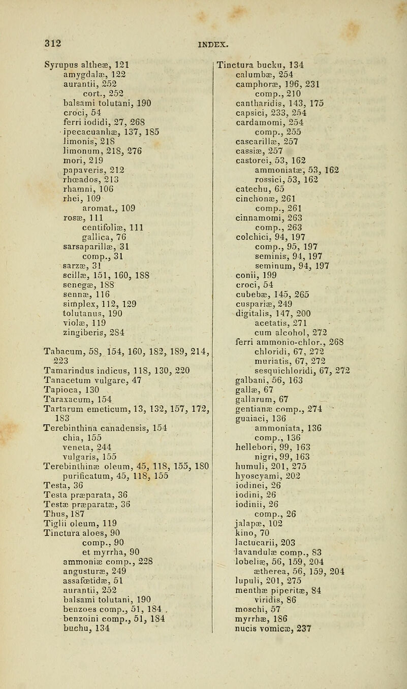 Syrupus altbeas, 121 amygdala:, 122 aurantii, 2.52 cort., 252 balsami tolutani, 190 croci, 54 ferri iodidi, 27, 268 ■ipecacuanhas, 137, 185 Jimonis^ 21S )imonum,218, 276 mori, 219 papaveris, 212 rhceados, 213 rhamni, 106 rhei, 109 aromat., 109 rosas, 111 centifolias, 111 gallica, 76 sarsaparillas, 31 corap., 31 sarzas, 31 scillae, 151, 160, 188 senegas, 188 sennas, 116 simplex, 112, 129 tolutanus, 190 violas, 119 zingiberis, 2S4 Tabacum, 58, 154, 160, 182, 189, 214, 223 Tamarindus indicus, 118, 130, 220 Tanacetum vulgare, 47 Tapioca, 130 Taraxacum, 154 Tartarum emeticum, 13, 132, 157, 172, 183 Terebinthina canadensis, 154 chia, 155 veneta, 244 vulgaris, 155 Terebinlhinas oleum, 45, 118, 155, 180 purificatum, 45, 118, 155 Testa, 36 Testa prasparata, 36 Testas prasparatas, 36 Thus, 187 Tiglii oleum, 119 Tinctura aloes, 90 comp.. 90 et myrrha, 90 ammonias comp., 22S angusturas, 249 assa fetid as, 51 aurantii, 252 balsami tolutani, 190 benzoes comp., 51, 184 . benzoini comp., 51, 184 buchu, 134 Tinctura bucku, 134 calumbas, 254 camphoras, 196, 231 comp., 210 cantharidis, 143, 175 capsici, 233, 254 cardamomi, 254 comp., 255 cascarillas, 257 cassias, 257 castorei, 53, 162 ammoniatas, 53, 162 rossici, 53, 162 catechu, 65 cinchonas, 261 comp., 261 cinnamomi, 263 comp., 263 colchici, 94, 197 comp., 95, 197 seminis, 94, 197 seminum, 94, 197 conii, 199 croci, 54 cubebas, 145, 265 cusparias, 249 digitalis, 147, 200 acetatis, 271 cum alcohol, 272 ferri ammonio-chlor., 268 chloridi, 67, 272 muriatis, 67, 272 sesquichloridi, 67, 272 galbani,56, 163 gallas, 67 gallarum, 67 gentianas comp., 274 guaiaci, 136 ammoniata, 136 comp., 136 hellebori, 99, 163 nigri,99, 163 humuli, 201, 275 hyoscyami, 202 iodinei, 26 iodini, 26 iodinii, 26 comp., 26 jalapas, 102 kino, 70 lactucarii, 203 lavandulas comp., 83 lobelias, 56, 159, 204 astherea, 56, 159, 204 Iupuli, 201, 275 menthas piperitas, 84 viridis, 86 moschi, 57 myrrhas, 186 nucis vomicas, 237