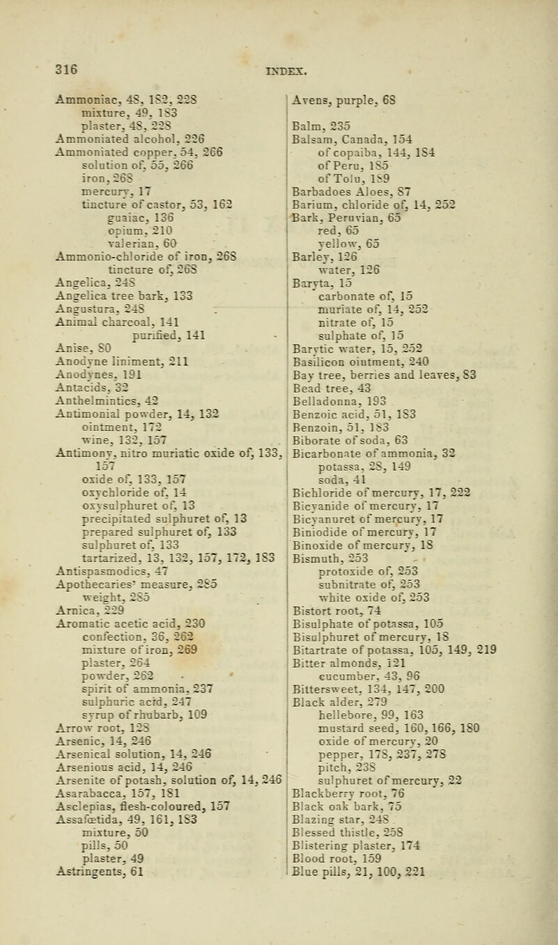Ammoniac, 43. 182, 22S mixture. 49, 133 plaste-. ~3. 228 Ammoniated alcohol, 226 Ammoniated copper. 54, 266 solution of. 55, 266 iron. 268 mercury, 17 tincture of castor, 53, 162 guaiac, 136 opium, 210 valerian, 60 Ammonio-chloride of iron, 26S tincture of, 263 Angelica, 243 Angelica tree bark, 133 Angustura, 2^3 Animal charcoal, 141 purified, 141 Anise, BC Anodyne liniment, 211 Anodynes, 191 Antacids, 32 Anthelmintics. 42 Antimonial powder, 14, 132 ointment, 172 •wine, 132, 157 Antimonv, nitro muriatic oxide of, 133. 157 oxide of, 133, 157 oxychloride of, 14 oxysulphuret of, 13 precipitated sulphuret of, 13 prepared sulphuret of, 133 sulphuret of. 133 tartarized, 13, 132, 157, 172, 1S3 Apothecaries' measure, 235 weight. 235 Arnica, 229 Aromatic acetic acid, 230 confection, 36, 262 mixture of iron, 269 plaster, 264 powder, 262 spirit of ammonia, 237 sulphuric acrd, 247 syrup of rhubarb, 109 Arrow root. 12: Arsenic, 14, 246 Arsenical solution, 14, 246 Arsenious acid, 14, 246 Arsenite of potash, solution of, 14,246 Asarabacca, 157, 181 Asclepias, flesh-coloured, 157 Assafcetida, 49, 161, 1S3 mixture, 50 pills, 50 plaster, 49 Astrinsents, 61 Arens, purple, 6S Balm, 235 Balsam, Canada, 154 of copaiba, 144, 1S4 of Peru. 135 of Tolu, 1S9 Barbadoes Aloes, S7 Barium, chloride of, 14, 252 Bark, Peruvian, 65 red, 65 vellow, 65 Barley, 126 water, 126 Baryta, 15 carbonate of, 15 muriate of, 14, 252 nitrate of, 15 sulphate of, 15 Barytic water, 15, 252 Basilicon ointment, 240 Bay tree, berries and leaves, S3 Bead tree, 43 Belladonna, 193 Benzoic acid, 51, 1S3 Benzoin, 51, 133 Biborate of soda, 63 Bicarbonate of ammonia, 32 potassa, 2S, 149 soda, 41 Bichloride of mercury, 17, 222 Bicyanide of mercury, 17 Bicyanuret of mercury, 17 Biniodide of mercury, 17 Binoxide of mercury, 18 Bismuth, 253 protoxide of, 253 subnitrate of, 253 ■white oxide of, 253 Bistort root, 74 Bisulphate of potassa, 105 Bisulphuret of mercury, 18 Bitartrate of potassa, 105, 149, 219 Bitter almonds, 121 cucumber, 43, 96 Bittersweet. 134. 147, 200 Black alder, 279 hellebore, 99, 163 mustard seed, 160,166, 180 oxide of mercurv, 20 pepper, 178, 237, 278 pitch, 238 sulphuret of mercury, 22 Blackberry root, 76 Black oak bark, 75 Blazing star, 248 Blessed thistle, 25S Blistering plaster, 174 Blood root, 159 Blue pills, 21,100,221