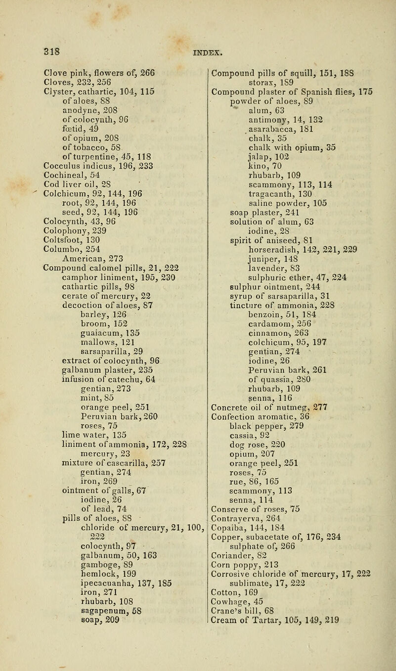 CJove pink, flowers of, 266 Cloves, 232,256 Clyster, cathartic, 104, 115 of aloes, 88 anodyne, 208 of colocynth, 96 fetid, 49 of opium, 20S of tobacco, 58 of turpentine, 45, 118 Cocculus indicus, 196, 233 Cochineal, 54 Cod liver oil, 28 Colchicum, 92,144, 196 root, 92, 144, 196 seed, 92, 144, 196 Colocynth, 43, 96 Colophony,239 Coltsfoot, 130 Columbo, 254 American, 273 Compound calomel pills, 21, 222 camphor liniment, 195, 230 cathartic pills, 98 cerate of mercury, 22 decoction of aloes, 87 barley, 126 broom, 152 guaiacum, 135 mallows, 121 sarsaparilla, 29 extract of colocynth, 96 galbanum plaster, 235 infusion of catechu, 64 gentian, 273 mint, 85 orange peel, 251 Peruvian bark, 260 roses, 75 lime water, 135 liniment of ammonia, 172, 228 mercury, 23 mixture of cascarilla, 257 gentian, 274 iron, 269 ointment of galls, 67 iodine, 26 of lead, 74 pills of aloes, 88 chloride of mercury, 21, 100, 222 colocynth, 97 galbanum, 50, 163 gamboge, 89 hemlock, 199 ipecacuanha, 137, 185 iron, 271 rhubarb, 108 sagapenum, 58 soap, 209 Compound pills of squill, 151, 18S storas, 1S9 Compound plaster of Spanish flies, 175 powder of aloes, 89 alum, 63 antimony, 14, 132 asarabacca, 181 chalk, 35 chalk with opium, 35 jalap, 102 kino, 70 rhubarb, 109 scammony, 113, 114 tragacanth, 130 saline powder, 105 soap plaster, 241 solution of alum, 63 iodine, 28 spirit of aniseed, 81 horseradish, 142, 221, 229 juniper, 148 lavender, 83 sulphuric ether, 47, 224 sulphur ointment, 244 syrup of sarsaparilla, 31 tincture of ammonia, 228 benzoin, 51, 184 cardamom, 256 cinnamon-, 263 colchicum, 95, 197 gentian, 274 iodine, 26 Peruvian bark, 261 of quassia, 280 rhubarb, 109 senna, 116 Concrete oil of nutmeg, 277 Confection aromatic, 36 black pepper, 279 cassia, 92 dog rose, 220 opium, 207 orange peel, 251 roses, 75 rue, 86, 165 scammony, 113 senna, 114 Conserve of roses, 75 Contrayerva, 264 Copaiba, 144, 184 Copper, subacetate of, 176, 234 sulphate of, 266 Coriander, 82 Corn poppy, 213 Corrosive chloride of mercury, 17, 222 sublimate, 17, 222 Cotton, 169 Cowhage, 45 Crane's bill, 68 Cream of Tartar, 105, 149, 219