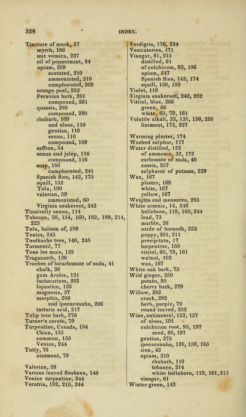 Tincture of musk, 57 myrrh, 186 nux vomica, 237 oil of peppermint, 84 opium, 209 acetated, 210 ammoniated, 210 camphorated, 209 orange peel, 252 Peruvian bark, 261 compound, 261 quassia, 2S0 compound, 280 rhubarb, 109 and aloes, 110 gentian, 110 senna, 110 compound, 109 saffron, 54 senna and jalep, 116 compound, 116 soap, 180 camphorated, 241 Spanish flies, 143, 175 squill, 152 Tolu, 190 valerian, 59 ammoniated, 60 Virginia snakeroot, 243 Tinnivelly senna, 114 Tobacco, 58, 154, 160, 182, 189, 214, 223 Tolu, balsam of, 1S9 Tonics, 245 Toothache tree, 140, 245 Tormentil, 77 Tous les mois, 128 Tragacanth, 130 Troches of bicarbonate of soda, 41 chalk, 36 gum Arabic, 121 lactucarium, 203 liquorice, 125 magnesia, 37 morphia, 206 and ipecacuanha, 206 tartaric acid, 217 Tulip tree bark, 276 Turner's cerate, 79 Turpentine, Canada, 154 Chian, 155 common, 155 Venice, 244 Tutty, 78 ointment, 79 Valerian, 59 Various leaved fleabane, 148 Venice turpentine, 244 Veratria, 182, 215, 244 Verdigris, 176, 234 Vesicatories, 171 Vinegar, 61,215 distilled, 61 of colchicum, 93, 196 opium, 247 Spanish flies, 143, 174 squill, 150, 188 Violet, 119 Virginia snakeroot, 242, 282 Vitriol, blue, 266 green, 66 white, 60, 79, 161 Volatile alkali, 33, 131, 156,226 liniment, 172, 227 Warming plaster, 174 Washed sulphur, 117 Water distilled, 123 of ammonia, 32, 172 carbonate of soda, 40 cassia, 257 sulphuret of potassa, 239 Wax, 167 plaster, 168 white, 167 yellow, 167 Weights and measures, 285 White arsenic, 14, 246 hellebore, 119, 160,244 lead, 73 marble, 38 oxide of bismuth, 253 poppy,201,211 precipitate, 17 turpentine, 155 vitriol, 60, 79, 161 walnut, 102 wax, 167 White oak bark, 75 Wild ginger, 250 potato, 95 cherry bark, 279 Willow, 282 crack, 282 herb, purpie, 70 round leaved, 282 Wine,antimomal, 132, 157 of aloes, 191 colchicum root, 95, 197 seed, 95, 197 gentian, 275 ipecacuanha, 138, 159, 185 iron, 43 opium, 210 rhubarb, 110 tobacco, 214 white hellebore, 119, 161,215 vinegar, 61 Winter green, 143