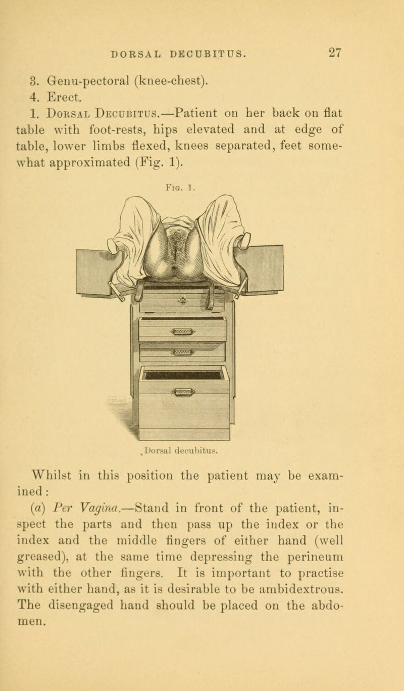 3. Genu-pectoral (knee-chest). 4. Erect. 1. Dorsal Decubitus.—Patient on her back on flat table with foot-rests, hips elevated and at edge of table, lower limbs flexed, knees separated, feet some- what approximated (Fig. 1). Fig. i. . Dorsal decubitus. Whilst in this position the patient may be exam- ined : (a) Per Vagina.—Stand in front of the patient, in- spect the parts and then pass up the index or the index and the middle Angers of either hand (well greased), at the same time depressing the perineum with the other fingers. It is important to practise with either hand, as it is desirable to be ambidextrous. The disengaged hand should be placed on the abdo- men.