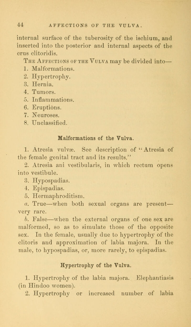 internal surface of the tuberosity of the ischium, and inserted into the posterior and internal aspects of the crus clitoridis. The Affections of the Vulva may be divided into— 1. Malformations. 2. Hypertrophy. 3. Hernia. 4. Tumors. 5. Inflammations. 6. Eruptions. 7. Neuroses. 8. Unclassified. Malformations of the Vulva. 1. Atresia vulvae. See description of Atresia of the female genital tract and its results. 2. Atresia ani vestibularis, in which rectum opens into vestibule. 3. Hypospadias. 4. Epispadias. 5. Hermaphroditism. a. True—when both sexual organs are present— very rare. b. False—when the external organs of one sex are malformed, so as to simulate those of the opposite sex. In the female, usually due to hypertrophy of the clitoris and approximation of labia majora. In the male, to hypospadias, or, more rarely, to epispadias. Hypertrophy of the Vulva. 1. Hypertrophy of the labia majora. Elephantiasis (in Hindoo women). 2. Hypertrophy or increased number of labia