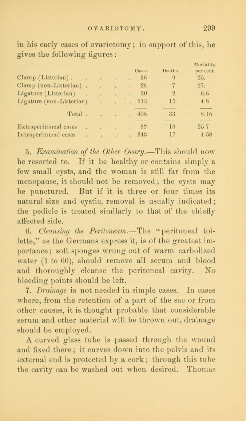 Mortality Cases. Deaths. per cent. . 36 9 25. . 26 7 27. . 30 2 6.6 . 813 15 4.8 . 405 33 8.15 . 62 16 25 7 . 343 17 4.58 OVARIOTOMY. 299 in his early cases of ovariotomy; in support of this, he gives the following figures: Clamp (Listerian) .... Clamp (non-Listerian) . Ligature (Listerian) Ligature (non-Listerian) Total . Extraperitoneal cases Intraperitoneal cases 5. Examination of the Other Orary.—This should now be resorted to. If it be healthy or contains simply a few small cysts, and the woman is still far from the menopause, it should not be removed; the cysts may be punctured. But if it is three or four times its natural size and cystic, removal is usually indicated; the pedicle is treated similarly to that of the chiefly affected side. 6. Cleansing the Peritoneum.—The peritoneal toi- lette, as the Germans express it, is of the greatest im- portance; soft sponges wrung out of warm carbolized water (1 to 60), should remove all serum and blood and thoroughly cleanse the peritoneal cavity. No bleeding points should be left. 7. Drainage is not needed in simple cases. In cases where, from the retention of a part of the sac or from other causes, it is thought probable that considerable serum and other material will be thrown out, drainage should be employed. A curved glass tube is passed through the wound and fixed there; it curves down into the pelvis and its external end is protected by a cork; through this tube the cavity can be washed out when desired. Thomas