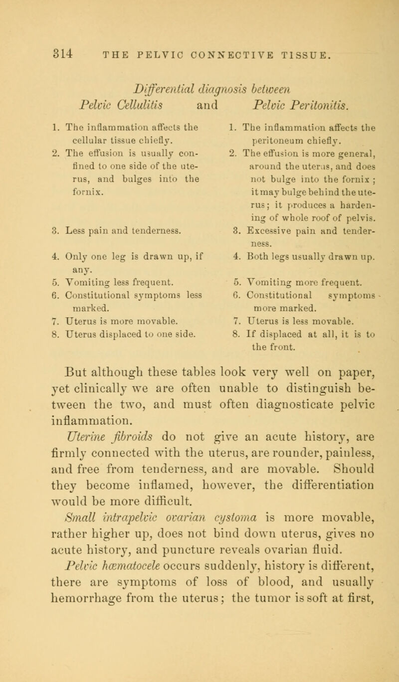 Differential diagnosis between Pelvic Cellulitis and Pelvic Peritonitis. 1. The inflammation affects the cellular tissue chiefly. 2. The effusion is usually con- fined to one side of the ute- rus, and bulges into the fornix. 3. Less pain and tenderness. 4. Only one leg is drawn up, if any. 5. Vomiting less frequent. 6. Constitutional symptoms less marked. 7. Uterus is more movable. 8. Uterus displaced to one side. 1. The inflammation affects the peritoneum chiefly. 2. The effusion is more general, around theuteius, and does not bulge into the fornix ; itmay bulge behind the ute- rus ; it produces a harden- ing of whole roof of pelvis. 3. Excessive pain and tender- ness. 4. Both legs usually drawn up. 5. Vomiting more frequent. G. Constitutional symptoms more marked. 7. Uterus is less movable. 8. If displaced at all, it is to the front. But although these tables look very well on paper, yet clinically we are often unable to distinguish be- tween the two, and must often diagnosticate pelvic inflammation. Uterine fibroids do not give an acute history, are firmly connected with the uterus, are rounder, painless, and free from tenderness, and are movable. Should they become inflamed, however, the differentiation would be more difficult. Small intrapelvic ovarian cystoma is more movable, rather higher up, does not bind down uterus, gives no acute history, and puncture reveals ovarian fluid. Pelvic hematocele occurs suddenly, history is different, there are symptoms of loss of blood, and usually hemorrhage from the uterus; the tumor is soft at first,