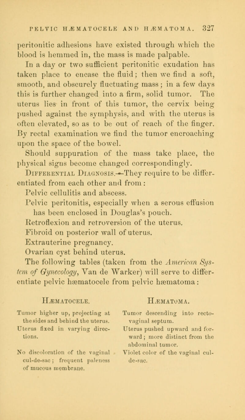 peritonitic adhesions have existed through which the blood is hemmed in, the mass is made palpable. In a day or two sufficient peritonitic exudation has taken place to encase the fluid; then we find a soft, smooth, and obscurely fluctuating mass; in a few days this is further changed into a firm, solid tumor. The uterus lies in front of this tumor, the cervix being pushed against the symphysis, and with the uterus is often elevated, so as to be out of reach of the finger. I>v rectal examination we find the tumor encroaching upon the space of the bowel. Should suppuration of the mass take place, the physical signs become changed correspondingly. Differential Diagnosis.—-They require to be differ- entiated from each other and from : Pelvic cellulitis and abscess. Pelvic peritonitis, especially when a serous effusion has been enclosed in Douglas's pouch. Uetroflexion and retroversion of the uterus. Fibroid on posterior wall of uterus. Extrauterine pregnancy. Ovarian cyst behind uterus. The following tables (taken from the American Sys- tem of Gynecology, Van de Warker) will serve to differ- entiate pelvic hematocele from pelvic hematoma: HEMATOCELE. HEMATOMA. Tumor higher up, projecting ;tl Tumor descending into recto- thesides and behind the uterus. vaginal septum. Uterus fixed in varying direc- Uterus pushed upward and Por- tions, ward; more distinct from the abdominal tumor. N ■ discoloration <>f the vaginal Violet color of the vaginal cul- cul-de-sac ; frequent paleness de-sac. <>f mucous membrane.