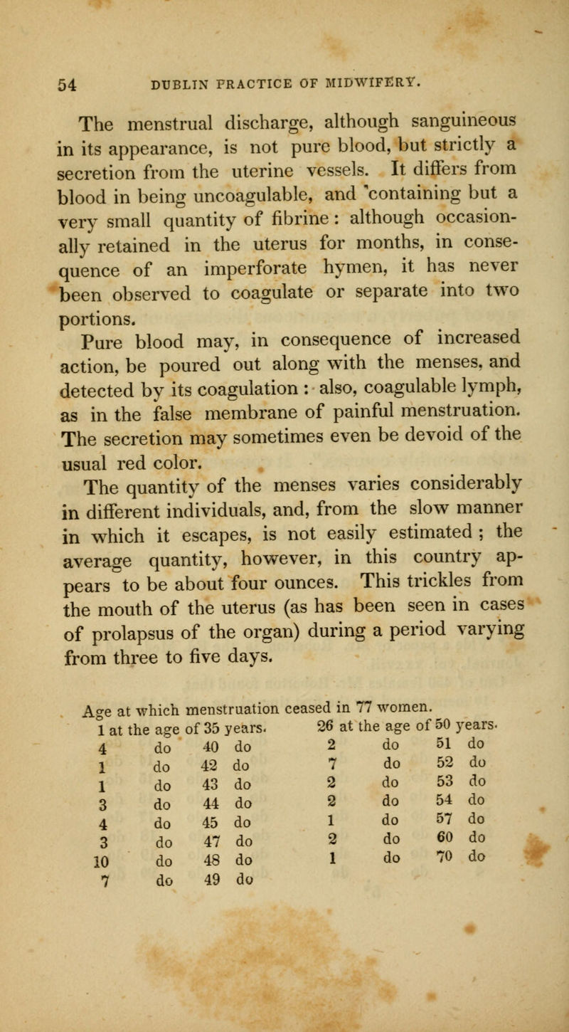The menstrual discharge, although sanguineous in its appearance, is not pure blood, but strictly a secretion from the uterine vessels. It differs from blood in being uncoagulable, and 'containing but a very small quantity of fibrine : although occasion- ally retained in the uterus for months, in conse- quence of an imperforate hymen, it has never been observed to coagulate or separate into two portions. Pure blood may, in consequence of increased action, be poured out along with the menses, and detected by its coagulation : also, coagulable lymph, as in the false membrane of painful menstruation. The secretion may sometimes even be devoid of the usual red color. The quantity of the menses varies considerably in different individuals, and, from the slow manner in which it escapes, is not easily estimated ; the average quantity, however, in this country ap- pears to be about four ounces. This trickles from the mouth of the uterus (as has been seen in cases of prolapsus of the organ) during a period varying from three to five days. Age at which menstruation ceased in 77 women. 1 at the age of 35 years- 26 at the age of 50 years. 4 do 40 do 1 do 42 do 1 do 43 do 3 do 44 do 4 do 45 do 3 do 47 do 10 do 48 7 do 49 do 2 do 51 do 7 do 52 do 2 do 53 do 2 do 54 do 1 do 57 do 2 do 60 do