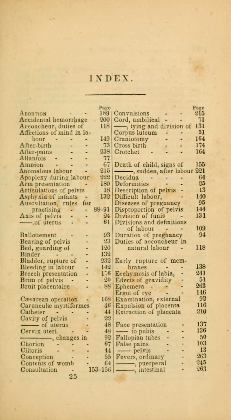 INDEX. Abortion Accidental hemorrhage Accoucheur, duties of Affections of mind in la- bour After-birth After-pains Allantois - Amnion - Anomalous labour Apoplexy during labour Arm presentation Articulations of pelvis Asphyxia of infants Auscultation, rules for practising Axis of pelvis of uterus Ballottement Bearing of pelvis Bed, guarding of Binder - Bladder, rupture of Bleeding in labour Breech presentation Brim of pelvis Bruit placentaire Ccesarean operation Carunculae myrtiformes Catheter Cavity of pelvis of uterus Cervix uteri changes in Chorion Clitoris Conception Contents of womb Consultation 25 Paere 189 200 118 149 73 238 77 67 215 222 180 18 132 18-91 24 61 93 23 120 132 232 142 176 20 88 1G8 46 44 22 48 48 92 07 44 55 64 153-156 Page Convulsions - - 215 Cord, umbilical 71 , tying and division of 131 Corpus luteum - - 51 Craniotomy - - 164 Cross birth - - 174 Crotchet 164 Death of child, signs of 155 sudden, after labour 221 Decidua Deformities Description of pelvis - Difficult labour, Diseases of pregnancy- Disproportion of pelvis Division of funis Divisions and definitions of labour Duration of pregnancy Duties of accoucheur in natural labour Early rupture of mem- branes Ecchymosis of labia, - . Effects of gravidity Ephemera - j Ergot of rye Examination, external Expulsion of placenta Extraction of placenta Face presentation to pubis Fallopian tubes - False pains pelvis Fevers, ordinary , puerperal . intestinal 64 25 13 140 95 144 131 109 94 118 138 241 51 263 146 92 116 210 137 136 50 103 13 263 245 263