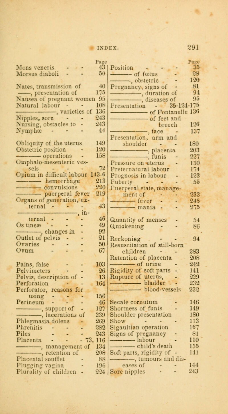 Mons veneris Morsus diaboli Pag€ 43 50 Nates, transmission of 40 , presentation of 175 Nausea of pregnant women 95 Natural labour - - 108 , varieties of 130 Nipples, sore - - 243 Nursing, obstacles to - 243 Nymphoe - 44 Obliquity of the uterus 140 Obstetric position - 120 operations - 158 Omphalo-mesenteric ves- sels ... 72 Opium in difficult labour 143-6 hemorrhage convulsions puerperal fever Organs of generation, ex- ternal - , in- ternal - Os tineae - , changes in - Outlet of pelvis Ovaries Ovum Pains, false Pelvimeters Pelvis, description of - Perforation Perforator, reasons for using Perineum , support of - , lacerations of Phlegmasia dolens Phrenitis Piles Placenta - - - 73, , management of , retention of Placental soufllet Plugging vagina Plurality of children - 213 220 219 43 46 49 92 21 50 G7 103 26 13 164 156 46 127 239 269 282 243 116 134 208 88 196 224 Position of fuuus , obstetric Pregnancy, signs of , duration of , diseases of Presentation - 35-124 of Fontane of feet and breech Presentation, arm and shoulder , placenta , funis Pressure on uterus Preternatural labour Prognosis in labour Puberty Fuerperal state, manage- ment of fever mania - Quantity of menses Quickening Reckoning Resuscitation of still-born children Retention of placenta of urine Rigidity of soft parts - Rupture of uterus, bladder . - blood-vessel: Secale cornutum Shortness of funis Shoulder presentation Show Sigaultian operation Signs of pregnancy labour child's death Soft parts, rigidity of - , tumours and dis- es of Sore nipples Pa 20 28 120 81 94 95 -175 136 126 137 180 203 227 130 174 123 55 233 245 275 54 86 94 283 208 212 141 229 232 232 146 149 180 113 167 81 110 156 1 !1 HI 243