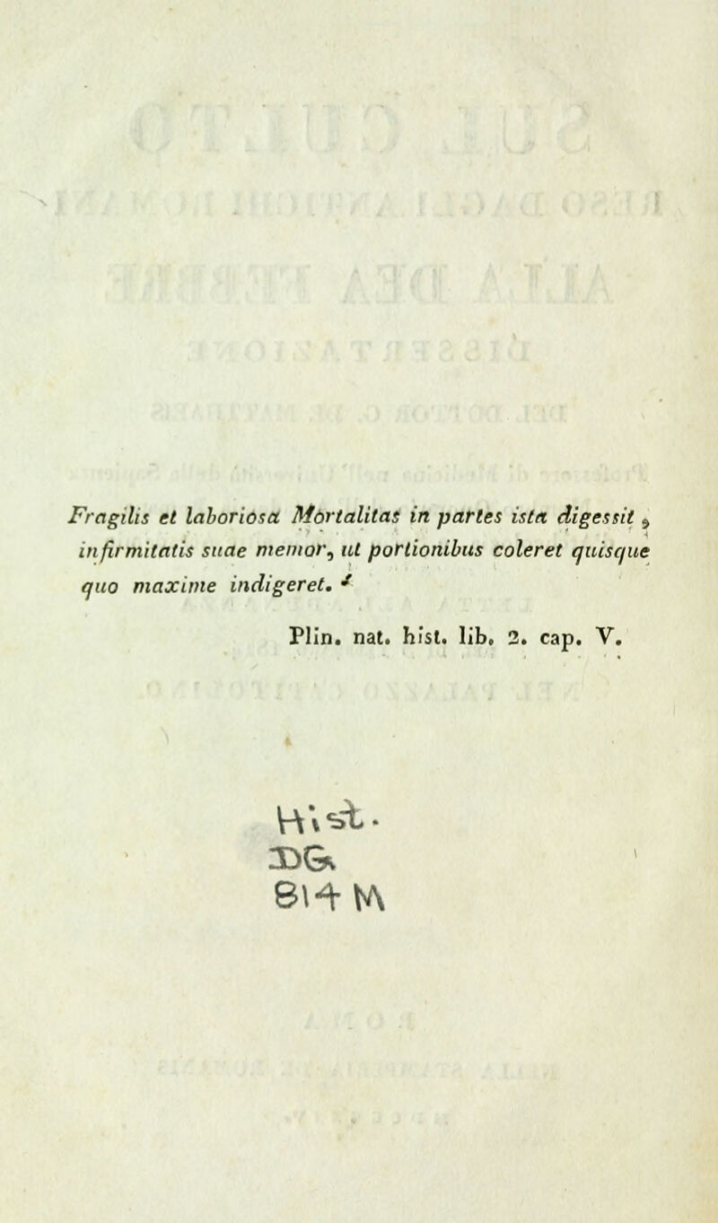 Fragilis et laboriosa Mòrtalilas in partes ista digessit 5 infirmitatis suae memor, ut portionibus coleret quisque quo maxime indigeret. J Plin. nat. hist. lib. 2. cap. V. 8HM