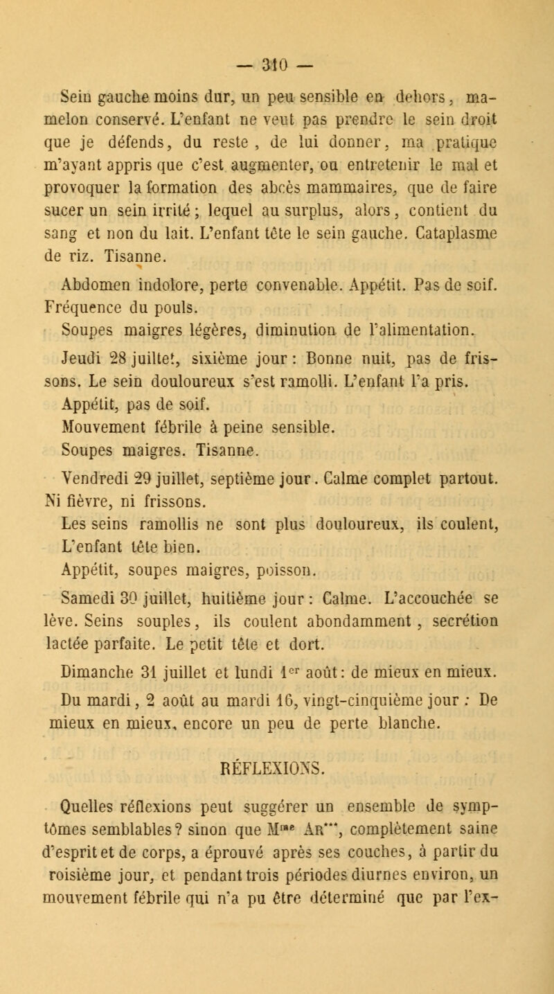 Sein gauche moins dur, un peu sensible en dehors, ma- melon conservé. L'enfant ne veut pas prendre le sein droit que je défends, du reste, de lui donner, ma pratique m'ayant appris que c'est augmenter, ou entretenir le mal et provoquer la formation des abcès mammaires, que de faire sucer un sein irrité ; lequel au surplus, alors, contient du sang et non du lait. L'enfant tête le sein gauche. Cataplasme de riz. Tisanne. Abdomen indolore, perte convenable. Appétit. Pas de soif. Fréquence du pouls. Soupes maigres légères, diminution, de l'alimentation. Jeudi 28 juillet, sixième jour : Bonne nuit, pas de fris- sons. Le sein douloureux s'est ramolli. L'enfant l'a pris. Appétit, pas de soif. Mouvement fébrile à peine sensible. Soupes maigres. Tisanne. Vendredi 29 juillet, septième jour. Calme complet partout. Ni fièvre, ni frissons. Les seins ramollis ne sont plus douloureux, ils coulent, L'enfant tête bien. Appétit, soupes maigres, poisson. Samedi 30 juillet, huitième jour : Calme. L'accouchée se lève. Seins souples, ils coulent abondamment, sécrétion lactée parfaite. Le petit tête et dort. Dimanche 31 juillet et lundi 1er août: de mieux en mieux. Du mardi, 2 août au mardi 16, vingt-cinquième jour : De mieux en mieux, encore un peu de perte blanche. RÉFLEXIONS. Quelles réflexions peut suggérer un ensemble de symp- tômes semblables? sinon que M™e Ar*, complètement saine d'esprit et de corps, a éprouvé après ses couches, à partir du roisième jour, et pendant trois périodes diurnes environ, un mouvement fébrile qui n'a pu être déterminé que par l'ex-