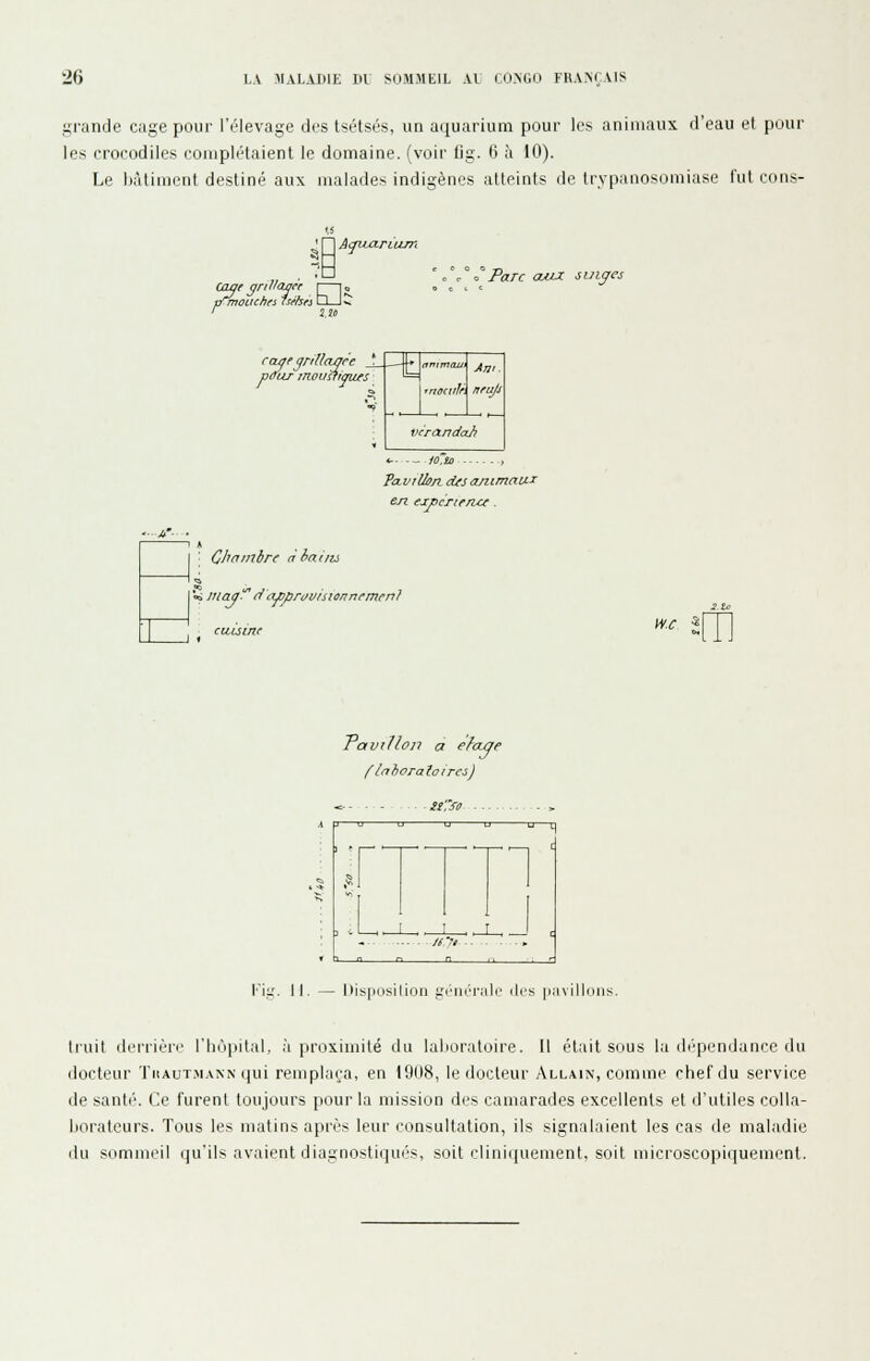 grande cage pour l'élevage des tsétsés, un aquarium pour les animaux d'eau el pour les crocodiles compliHaient le domaine, (voir lig. 6 à 10). Le liàtiment destiné aux malades indigènes atteints de Irypanosomiase fut cons- ' AquM.riun-L Caof c/n lliure r—i, p'moiuhri iséhei □—^^ ' ^ Parc OMX sing/e. F' •ifLir mousfitnies ^=A 'nsciilr. rtrujj vcrandaJ? <-■ - - to.m — - , en esjacTierut. I ; Cl'iyinbre à hanu IW jnaa^ ri cuipravisionnemenl citisùie W.C Tavillon a e^aqe flfthoraloircô) -- ■ - lt''SO U 4 X ^ ,s > . ^. - /S-71 .. . - . V h n r n r \^\ii. II. — Misiiosilion j^M'Hérale des [liwilluiis. Iruit derrière l'hôpital, à proximité du laboratoire. Il était sous la dépendance du docteur TiiAuT.MANN qui remplaça, en 1908, le docteur Allain, comme chef du service de santé. Ce furent toujours pour la mission des camarades excellents et d'utiles colla- liorateurs. Tous les matins api'ès leur consultation, ils signalaient les cas de maladie du sommeil qu'ils avaient diagnostiqués, soit cliniquement, soit microscopiquement.