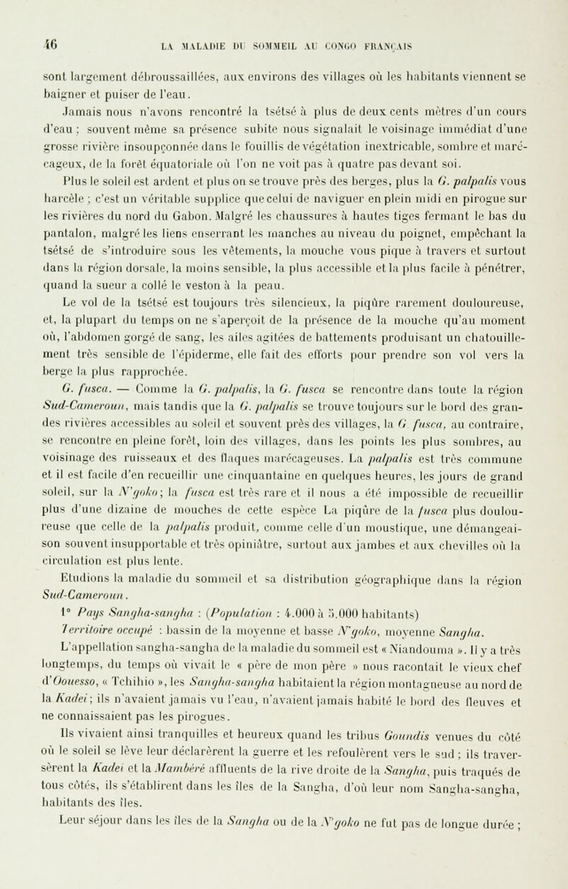 sont largement déliroussaillées, aux environs des villages où les habitants viennent se baigner et puiser de l'eau. Jamais nous n'avons rencontré la tsétsé à plus de deux cents mètres d'un cours d'eau ; souvent même sa présence subite nous signalait le voisinage immédiat d'une grosse rivière insoupçonnée dans le fouillis de végétation inextricable, sombi-o et maré- cageux, de la forèl équatoriale où l'on ne voit pas à quatre pas devant soi. Plus le soleil est ardent et plus on se trouve près des berges, plus la G. palpalis vous harcèle ; c'est un véritable supplice que celui de naviguer en plein midi en pirogue sur les rivières du nord du Gabon. Malgré les chaussures à hautes tiges fermant le bas du pantalon, malgré les liens enserrant les manches au niveau du poignet, empêchant la tsétsé de s'introduire sous les vêtements, la mouche vous pique j'i travers et surtout dans la région dorsale, la moins sensible, la plus accessible et la plus facile à pénétrer, quand la sueur a collé le veston à la peau. Le vol de la tsétsé est toujours très silencieux, la piqûre rarement douloureuse, et, la plupart du temps on ne s'aperroit de la présence de la mouche qu'au moment où, l'abdomen gorgé de sang, les ailes agitées de battements produisant un chatouille- ment très sensible de l'épiderme, elle fait de-; elïorts pour prendre son vol vers la berge la plus rapprochée. G. fiisca. — Comme la G. pal puits, la G. fusca se rencontre dans toute la région Sud-Cameroun, mais tandis que la G. palpalis se trouve toujours sur le bord des gran- des rivières accessibles au soli-il et souvent près des villages, la G fusca, au contraire, se rencontre en pleine forêt, loin des villages, dans les points les plus sombres, au voisinage des ruisseaux et des flaques marécageuses. La palpalis est très commune et il est facile d'en recueillir une cinquantaine en qui'lijues heures, les jours de grand soleil, sur la N'fjijl^o; la fusca est très rare et il nous a été impossible de recueillir plus d'une dizaine de mouches de cette espèce La piqûre de la fusca plus doulou- reuse que celle de la palpalis produit, comme celle d'un moustique, une démangeai- son souvent insupportable et très opiniâtre, -jurtout aux jambes et aux chevilles où la circulation est plus lente. Etudions la maladie du sommeil et sa distribution géographique dans la réo-ion Sud-Cameroun. 1° Pays Sanrjha-saufjlia : (Population : 4.000 à M.000 habitants) lerriloire occupé : bassin de la moyenne et basse S'goko, moyenne Sangha. L'appellation sangha-sangha de la maladie du sommeil est « Niandouma ).. Il y a très longtemps, du temps où vivait le « père de mon père o nous racontait le vieux chef d'Oouesso, « Tchihio », les Sangha-sangha habitaient la région montagneuse au nord de la. Kadei; ils n'avaient jamais vu l'eau, n'avaient jamais habité le bord des fleuves et ne connaissaient pas les pirogues. Ils vivaient ainsi tranquilles et heureux quand les tribus Goundis venues du côté où le soleil se lève leur déclarèrent la guerre et les refoulèrent vers le sud ; ils traver- sèrent la Kadei et la Mambéré affluents de la rive droite de la Sangha, puis traqués de tous C(jtés, ils s'établirent dans les Iles de la Sangha, d'où leur nom Sangha-sangha, habitants des îles. Leur séjour dans les îles de la Sangha ou de la .V'goAo ne fut pas de longue durée ;