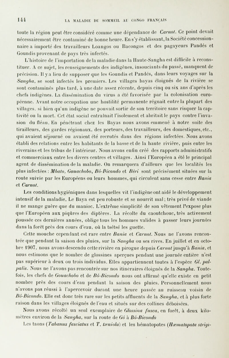 toute la région peut être considéré comme une dépendance de Carnot. Ce point devait nécessairement être contaminé de bonne heure. En s'y établissant, la Société concession- naire a importé des travailleurs Loangos ou Bacongos et des pagayeurs Pandés et Goundis provenant de pays très infectés. L'histoire de l'importation delà maladie dans la Ilaule-Sanghaest difficile à recons- tituer. A ce sujet, les renseignements des indigènes, insouciants du passé, manquent de précision. 11 y a lieu de supposer que les Goundis et Pandés, dans leurs voyages sur la Sangha, se sont infectés les premiers. Les villages bayas éloignés de la rivière .se sont contaminés plus tard, à une d;ite assez récente, depuis cinq ou six ans d'après les chefs indigènes. La dissémination du virus a été favorisée par la colonisation euro- péenne. Avant notre occupation une hostilité permanente régnait entre la plupart des villages, si bien qu'un indigène ne pouvait sortir de son tcrriloire sans risquer la cap- tivité ou la mort. Cet état social entraînait l'isolement et abritait le pays contre l'inva- sion du fléau. En pénétrant chez les Bayas nous avons emmené à notre suite des tirailleurs, des gardes régionaux, des porteurs, des travailleurs, des domestiques, etc., qui avaient séjourné ou avaient été recrutés dans des régions infectées. Nous avons établi des relations entre les habitants de la Liasse et de la haute rivière, puis entre les riverains et les tribus de lintérieur. Nous avons enfin créé des rapports administratifs et commerciaux entre les divers centres et villages. Ainsi l'Européen a été le principal agent de dissémination de la maladie. On remarquera d'ailleurs que les localités les plus infectées : Mbalo, (Jouachobo, Bà-Bicondo et Béri sont précisément situées sur la route suivie par les Européens ou leurs hommes, qui circulent sans cesse entre Baiiia et Carnol. Les conditions hygiéniques dans lesquelles vit l'indigène ont aidé le développement intensif de la maladie. Le Baj-a est peu robuste et se nourrit mal ; très privé de viande il ne mange guère que du manioc. L'extrême simplicité de son vêtement l'expose plus que l'Européen aux piqûres des diptères. La récolte du caoutchouc, très activement poussée ces dernières années, oblige tous les hommes valides à passer leurs journées dans la forêt près des cours d'eau, où la tsétsé les guette. Cette mouche cependant est rare entre Bania et Carnol. Nous ne l'avons rencon- trée que pendant la saison des pluies, sur la Sangha ou ses rives. En juillet et en octo- bre 1907, nous avonsdescendu celte rivière en pirogue depuis Ca/v(o/jusqu'cà Bania, et nous estimons que le nombre de glossines aperçues pendant une journée entière n'est pas supérieur à deux ou trois individus. Elles appartiennent toutes à l'espèce Gl. pal- palis. Nous ne l'avons pas rencontrée sur nos itinéraires éloignés de la Sangha. Toute- fois, les chefs de Gouachoho et de Bô-Bicondo nous ont affirmé qu'elle existe en petit nombre près des cours d'eau pendant la saison des pluies. Personnellement nous n'avons pas réussi à l'apercevoir durant une heure passée au ruisseau voisin de Bô-Bicondo. Elle est donc très rare sur les petits affluents de la Sangha, et h. plus forte raison dans les villages éloignés de l'eau et situés sur des collines déboisées. Nous avons récolté un seul exemplaire de Glossina fiisca, en forêt, à deux kilo- mètres environ de la Sangha, sur la route de Gô à Bô-Bicondo Les taons (J'abanus fasciatus et T. tipuiola) et les hématopotes {Hœmalopota slrigi-